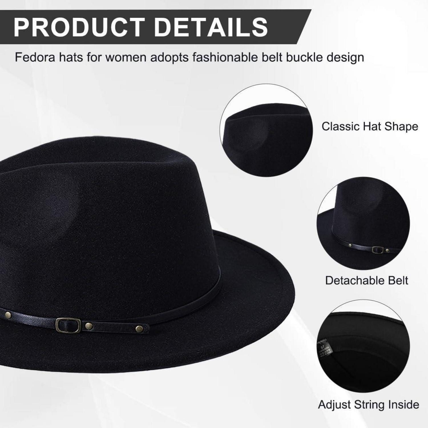 LuxusKollektion Fedora Fedora Hut unisex verstellbar breite Krempe 7 cm Filz Gürtelschnalle