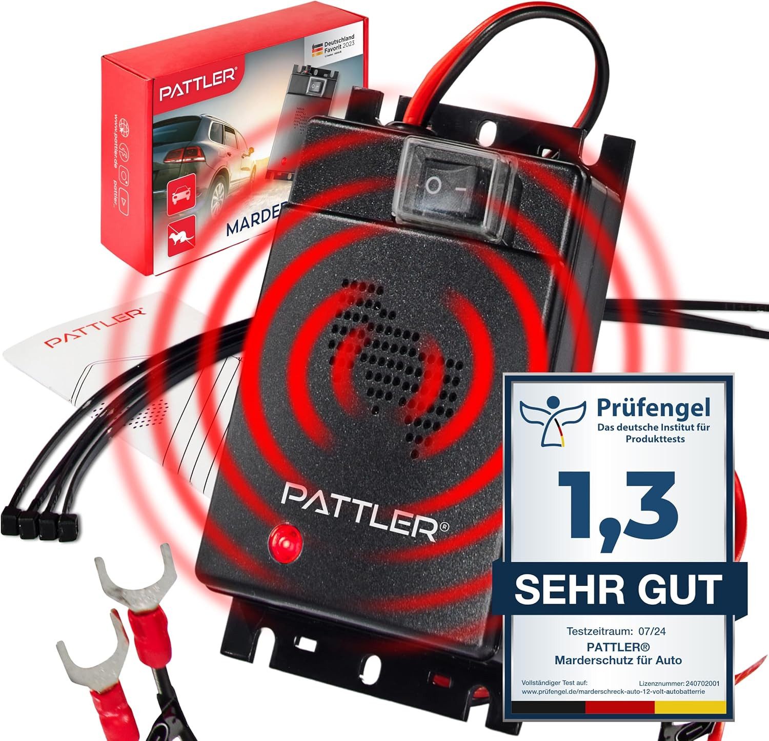 Pattler Ultraschall-Tierabwehr Marderschreck Auto Anschluss an 12V Autobatterie, Sofortiger & Langfristiger Marderschutz für Auto im Motorraum 1-tlg., Effektive Marderabwehr für Auto - mit Ultraschall