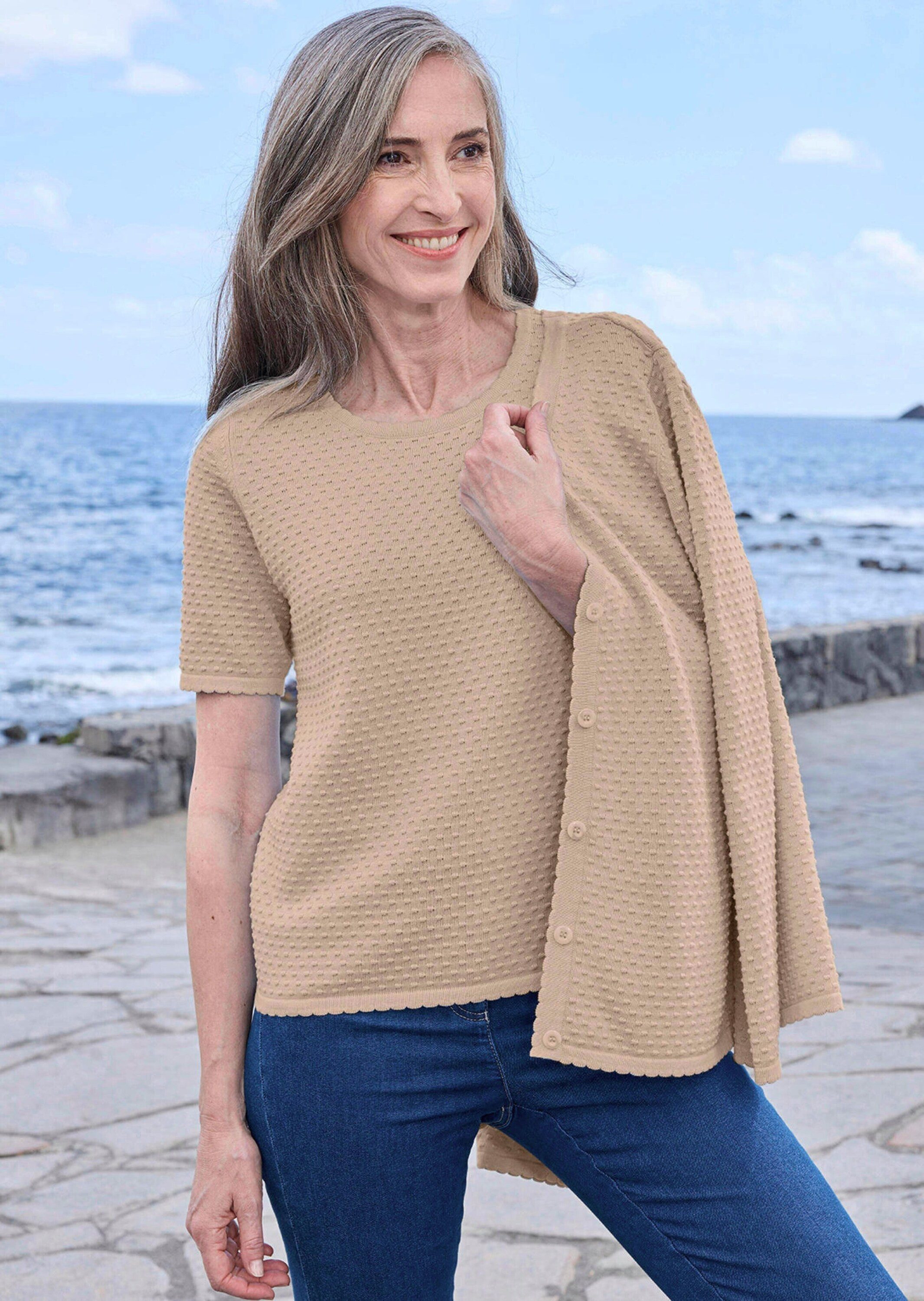 GOLDNER Strickpullover Halbarm Strickshirt mit Rundhals Feinstrickpullover mit gebogten Kanten, aus reiner Baumwolle