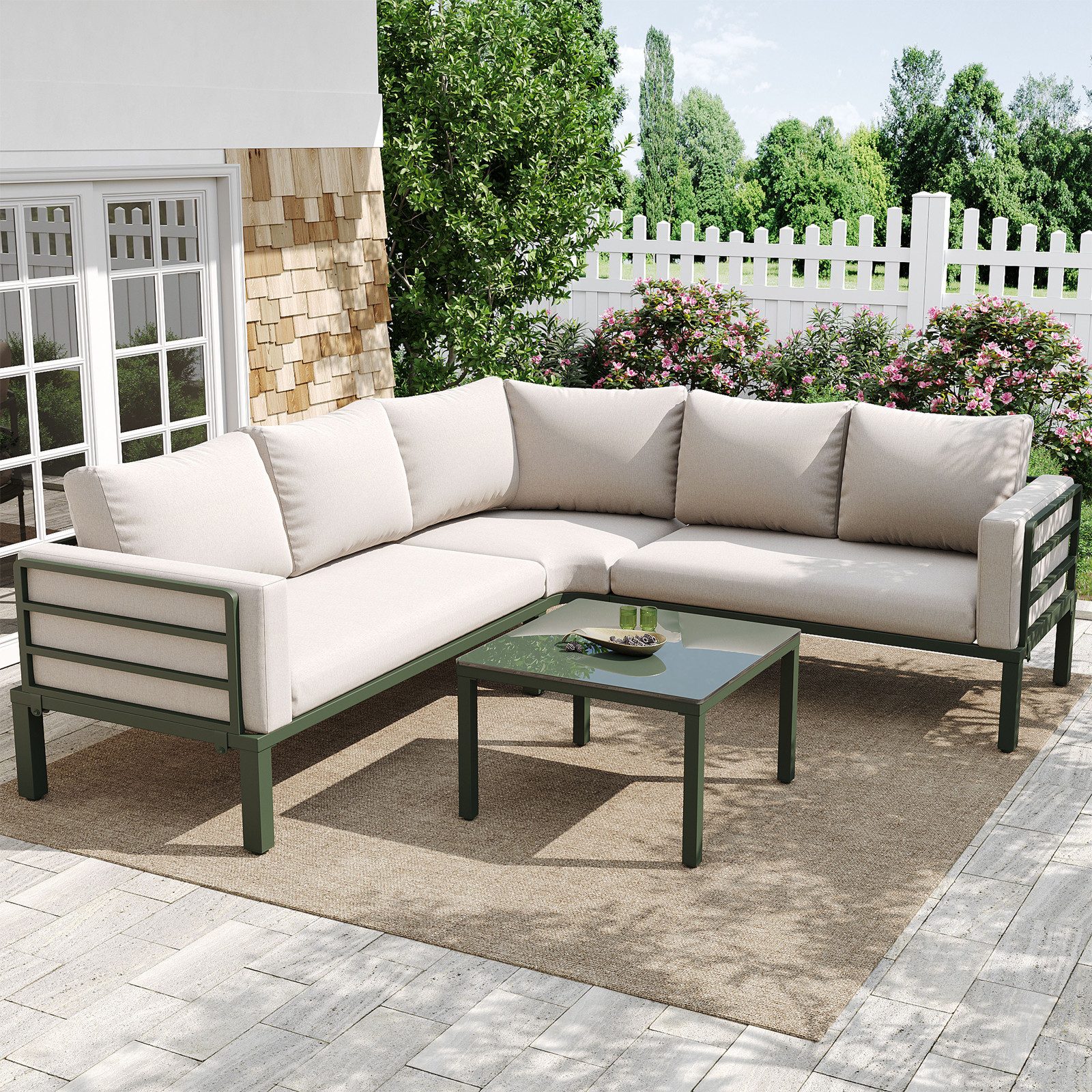 BlingBin Gartenmöbel-Set, Balkonmöbel Set, Garten-Lounge-Set für 4-5 Personen, (1 Couchtisch aus Gehärtetem Glas, Verzinkter Eisenrahmen mit Verstellbaren Beinen, 2-tlg., Tragendes Gewicht: 150kg/Einzelplatz, 60kg/Tisch), Bequeme Gartenmöbel, Graue Sitzpolster und Kissen, Beige