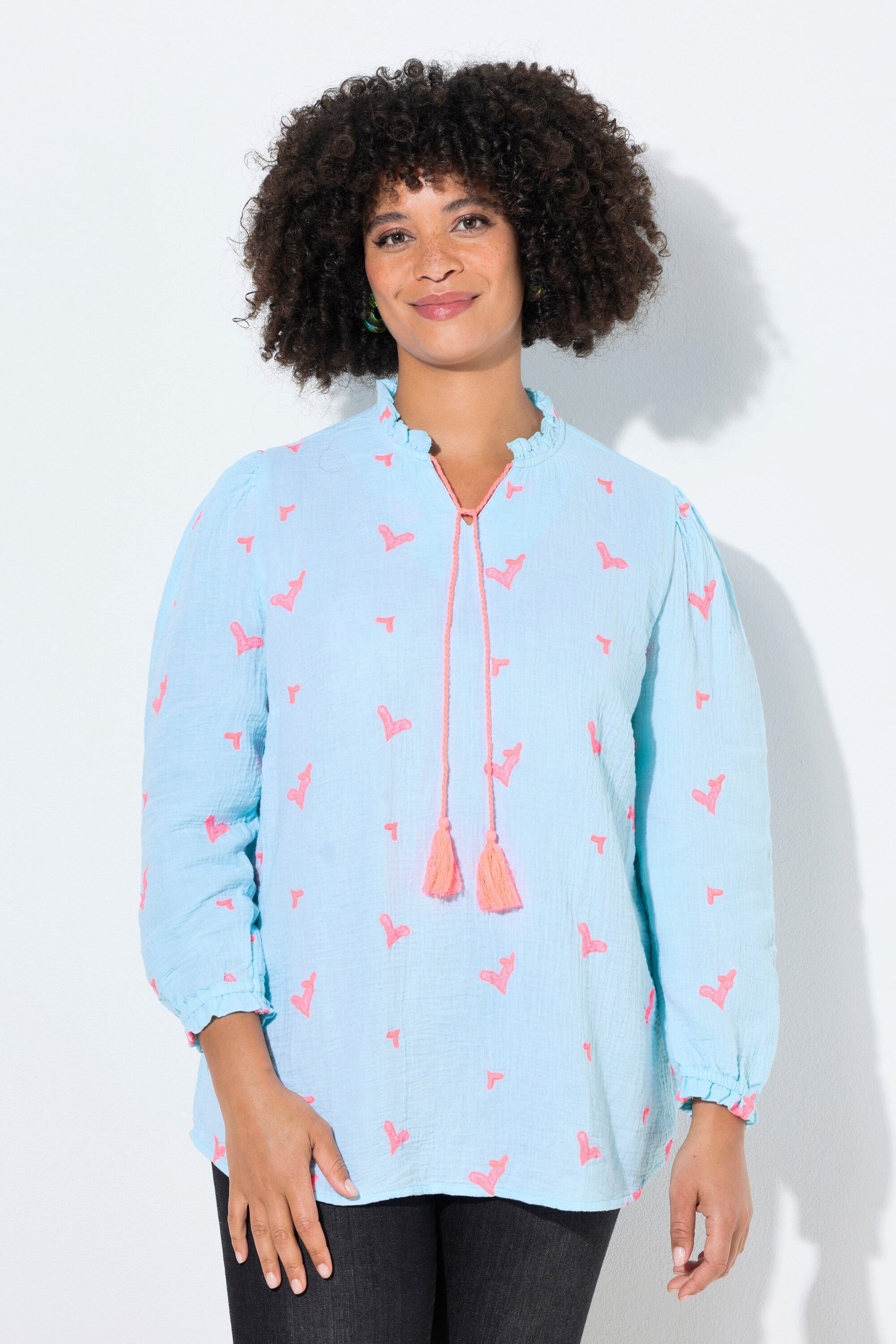 Angel of Style Longbluse Bluse A-Linie Musselin mit Herz-Stickerei Langarm