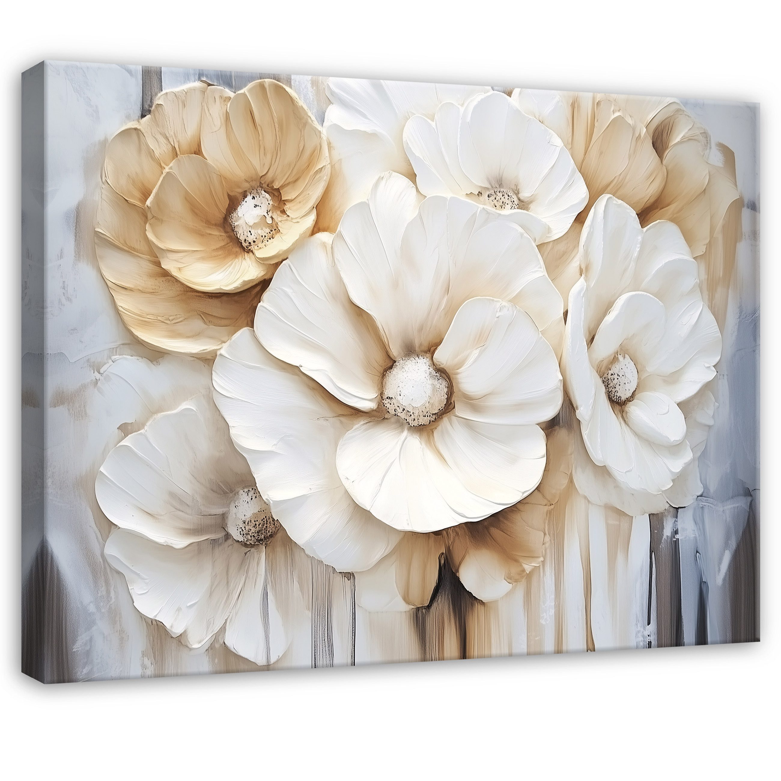 Leinwandbild Blumen Weiß Gold Modern Wandbilder Wand Deko XXL Bilder