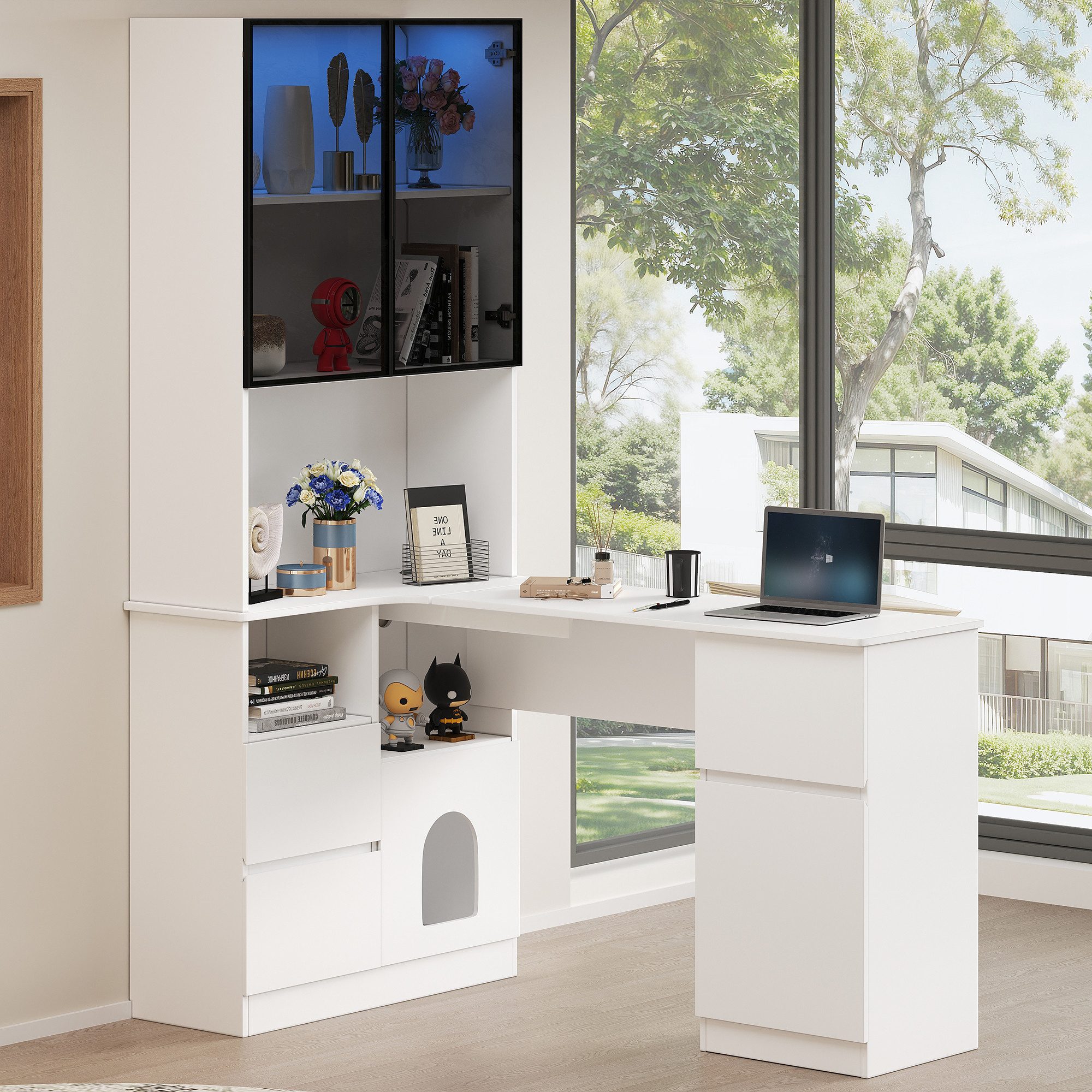 Celya Eckschreibtisch Eckschreibtisch mit Regal und LED-Vitrinenschrank 120×80×180 cm (Ein Eckschreibtisch mit eingebautem Bücherregal, offenen Fächern & Haustierfach), Schreibtisch mit Kabeldurchlass, 3 Schubladen, 2 Türen