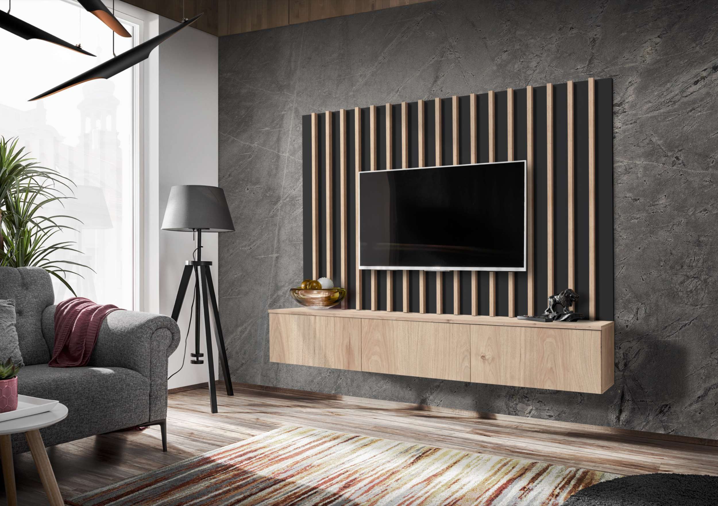 99rooms Wohnwand Vitore II, (Wohnzimmer-Set, Wohnmöbel), Wandpaneel mit furnierten Lamellen und TV-Lowboard, mit Push-to-Open