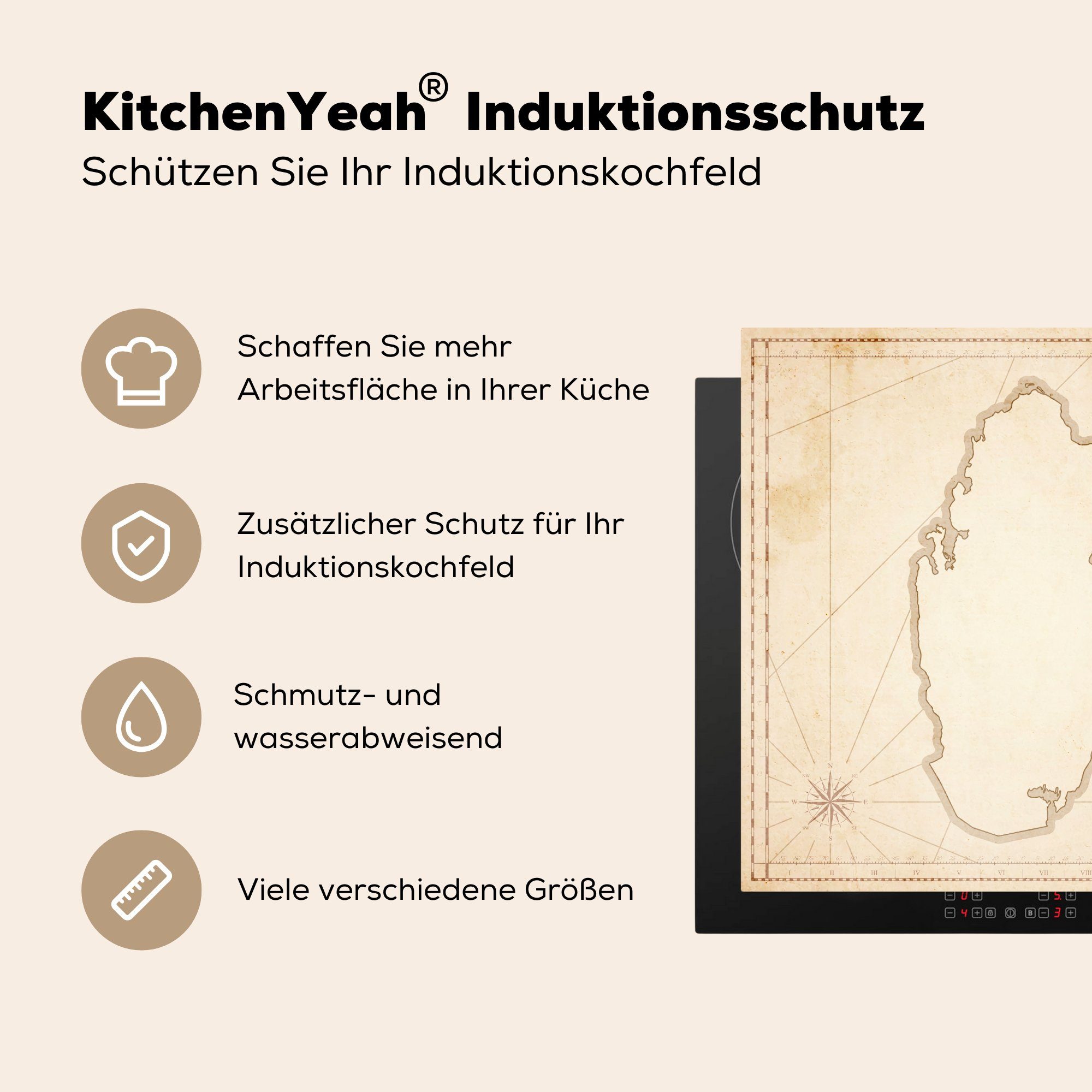 MuchoWow Herdblende-/Abdeckplatte Alte Illustration der tlg), küche Arbeitsplatte cm, Katar, (1 für von Ceranfeldabdeckung, Vinyl, 78x78 Karte