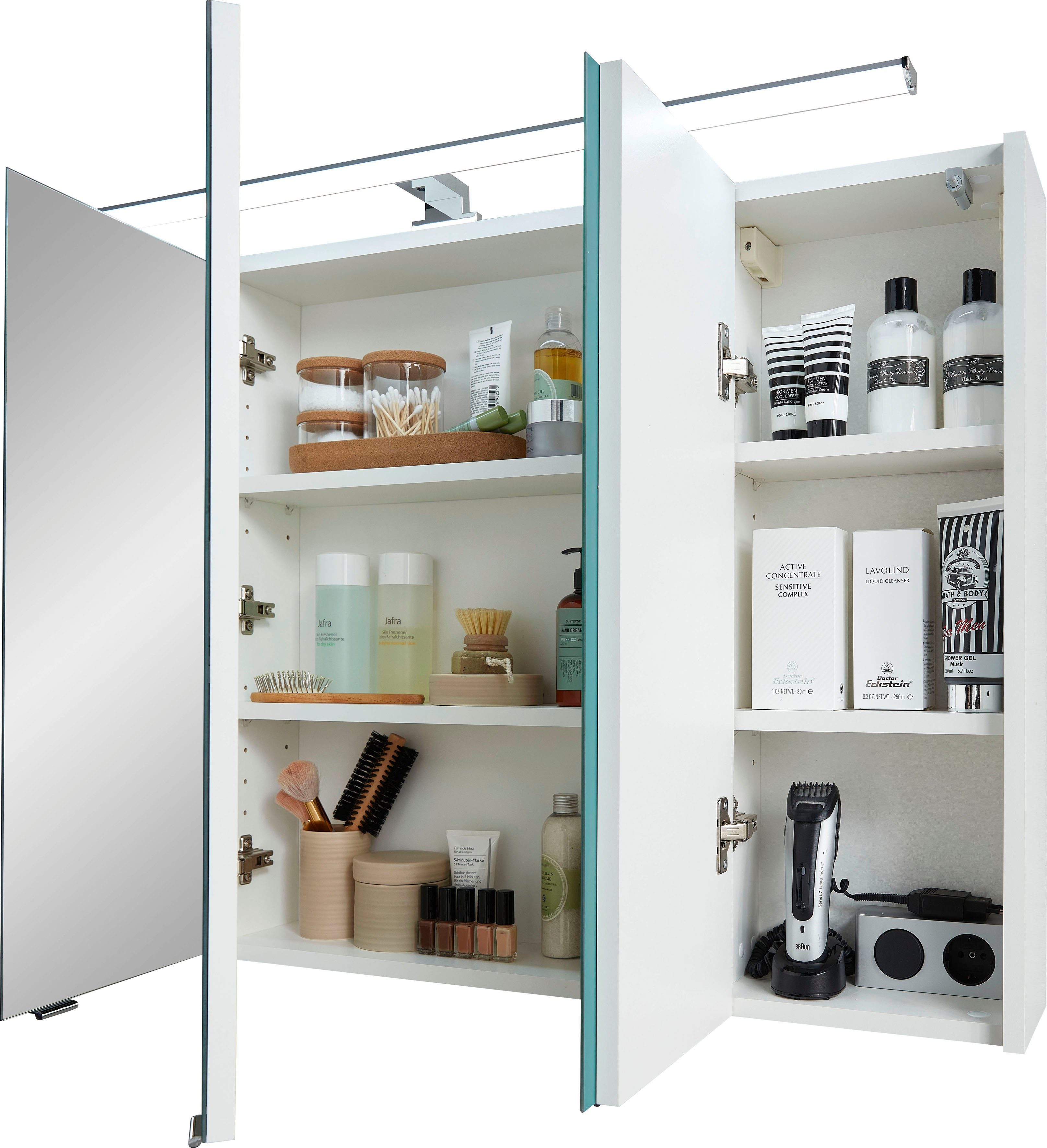 Saphir Spiegelschrank Quickset Badschrank, 3 Spiegeltüren, 6 Einlegeböden, 105 cm breit inkl. LED-Beleuchtung, Türdämpfer, Schalter-/Steckdosenkombination