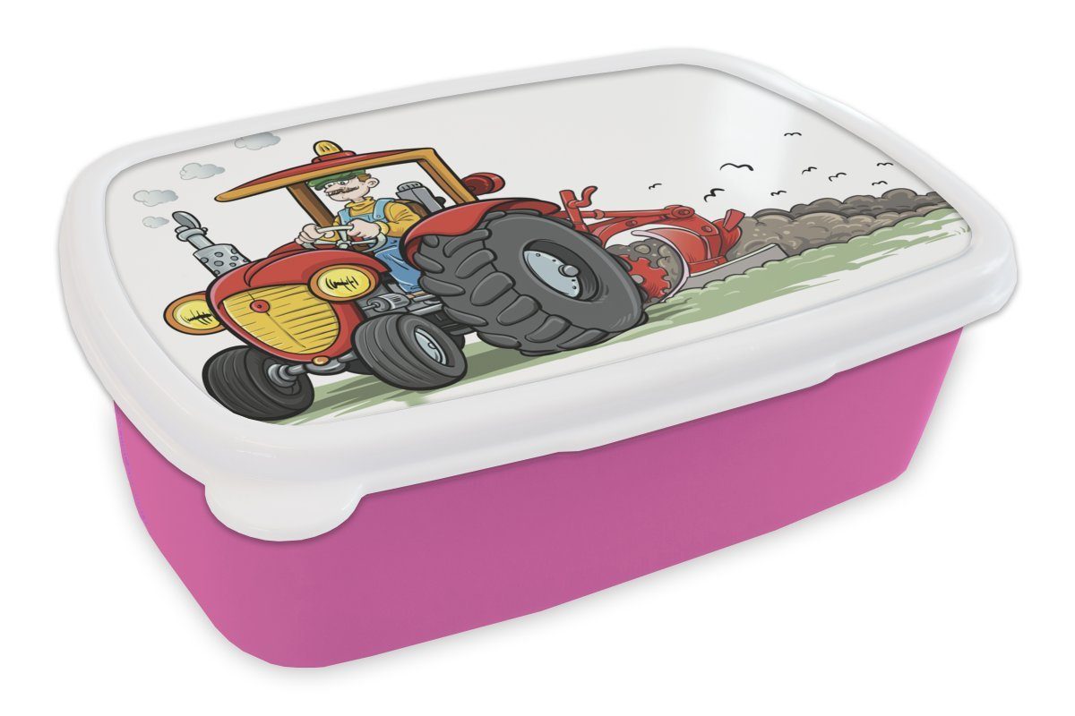 MuchoWow Lunchbox Traktor - Landwirt - Rot, Kunststoff, (2-tlg), Brotbox für Erwachsene, Brotdose Kinder, Snackbox, Mädchen, Kunststoff rosa