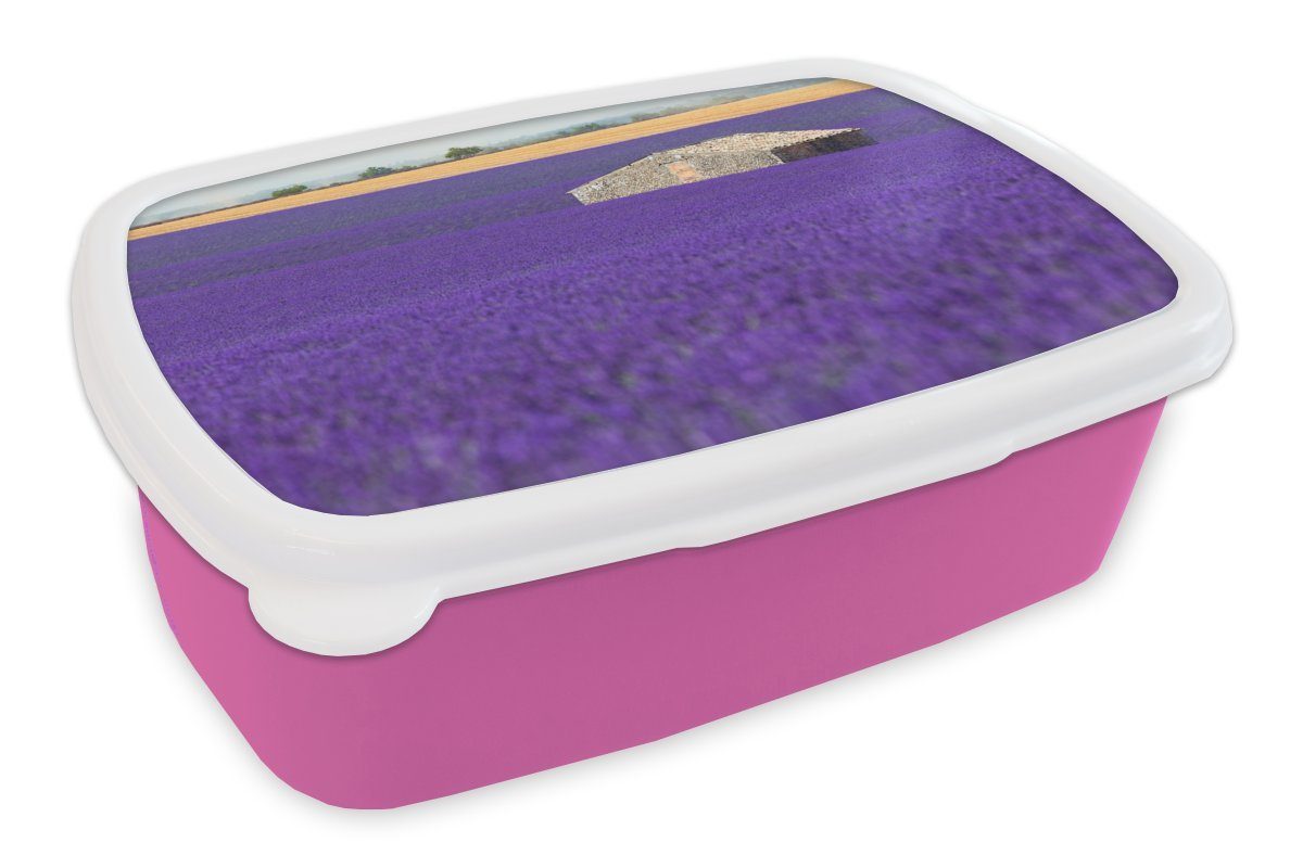 MuchoWow Lunchbox Großes Lavendelfeld mit einem kleinen Haus in der Mitte, Kunststoff, (2-tlg), Brotbox für Erwachsene, Brotdose Kinder, Snackbox, Mädchen, Kunststoff rosa