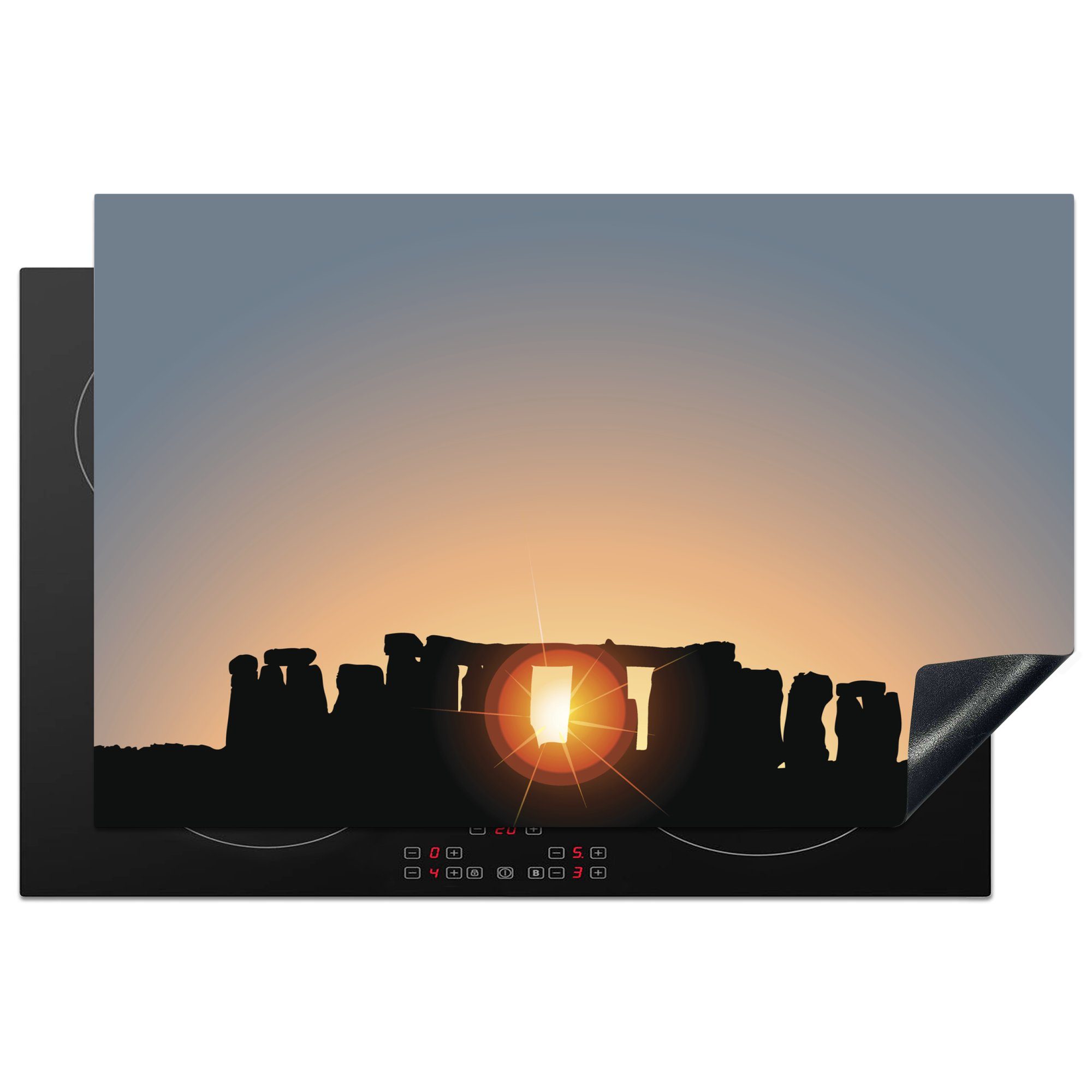 MuchoWow Herdblende-/Abdeckplatte Eine Illustration des Sonnenaufgangs hinter Stonehenge, Vinyl, (1 tlg), 81x52 cm, Induktionskochfeld Schutz für die küche, Ceranfeldabdeckung