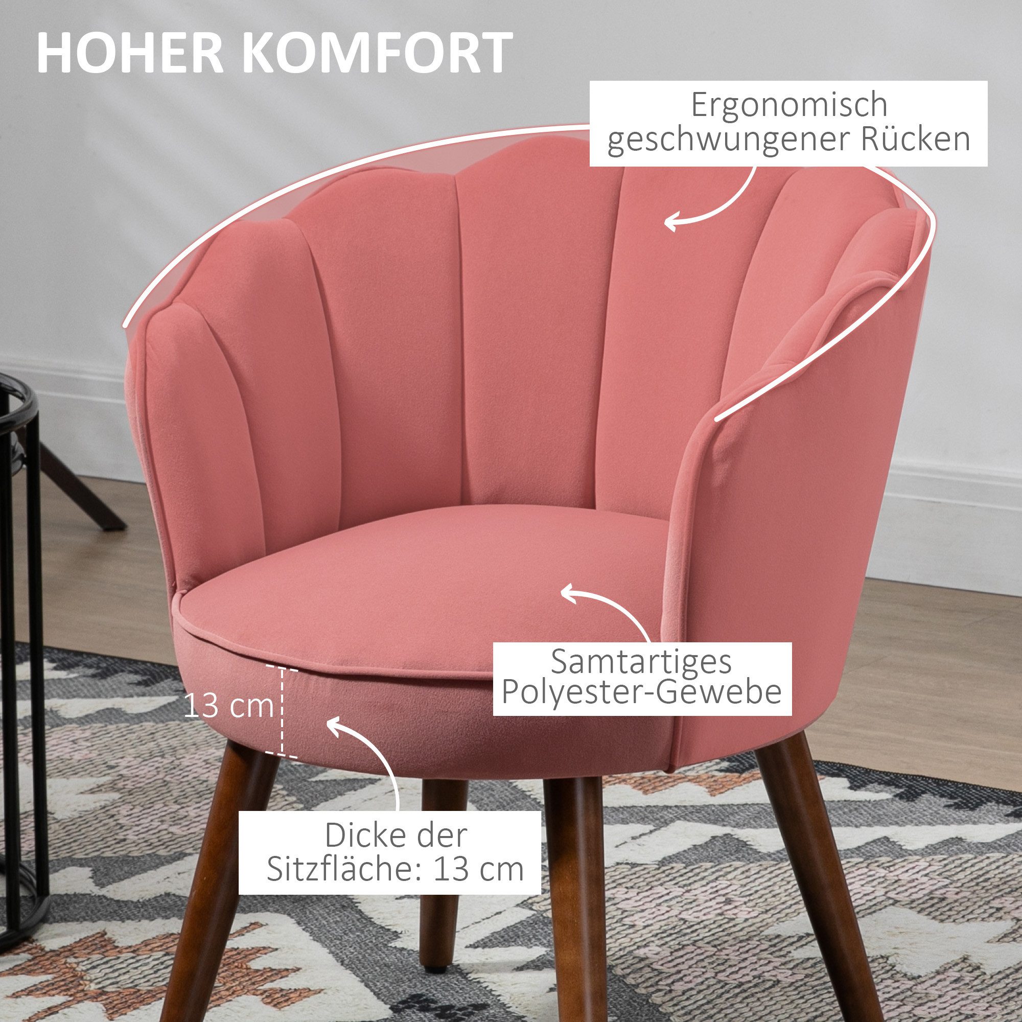 HOMCOM Barhocker Sessel Wohnzimmer in Muschelform mit Holzbeine (Wohnzimmerstuhl, 1 St., Esszimmerstuhl), Polyester Gummiholz Rosa 66 x 66 x 78,5 cm – Bild 5 von 5