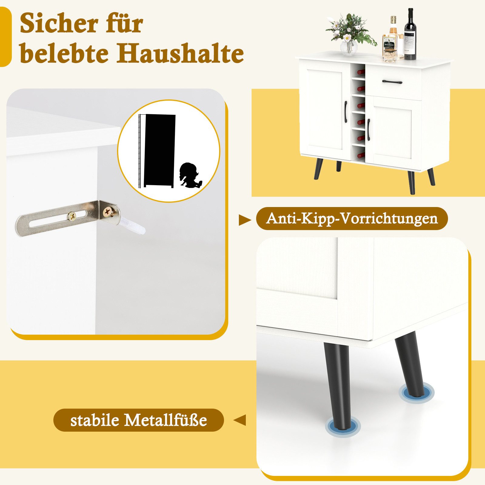 COSTWAY Weinschrank Buffetschrank mit 6-Flaschen Weinregal, verstellbare Regal, Weiß – Bild 5 von 5