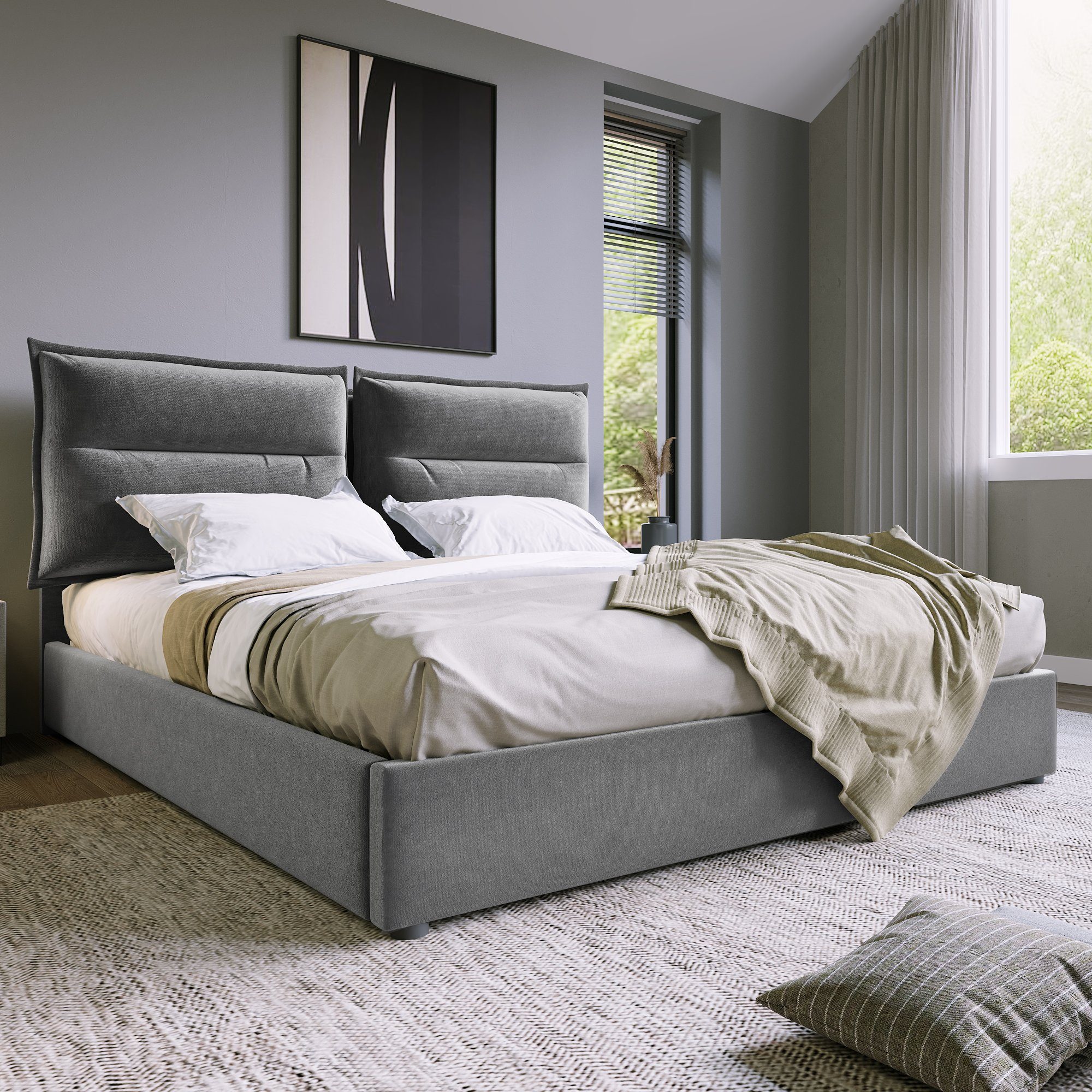 Polsterbett (Hydraulisches Funktionsbett 140x200cm mit Matratze), Doppelbett mit Verstellbares Kopfteil und Stauraum, Bezug aus Samt