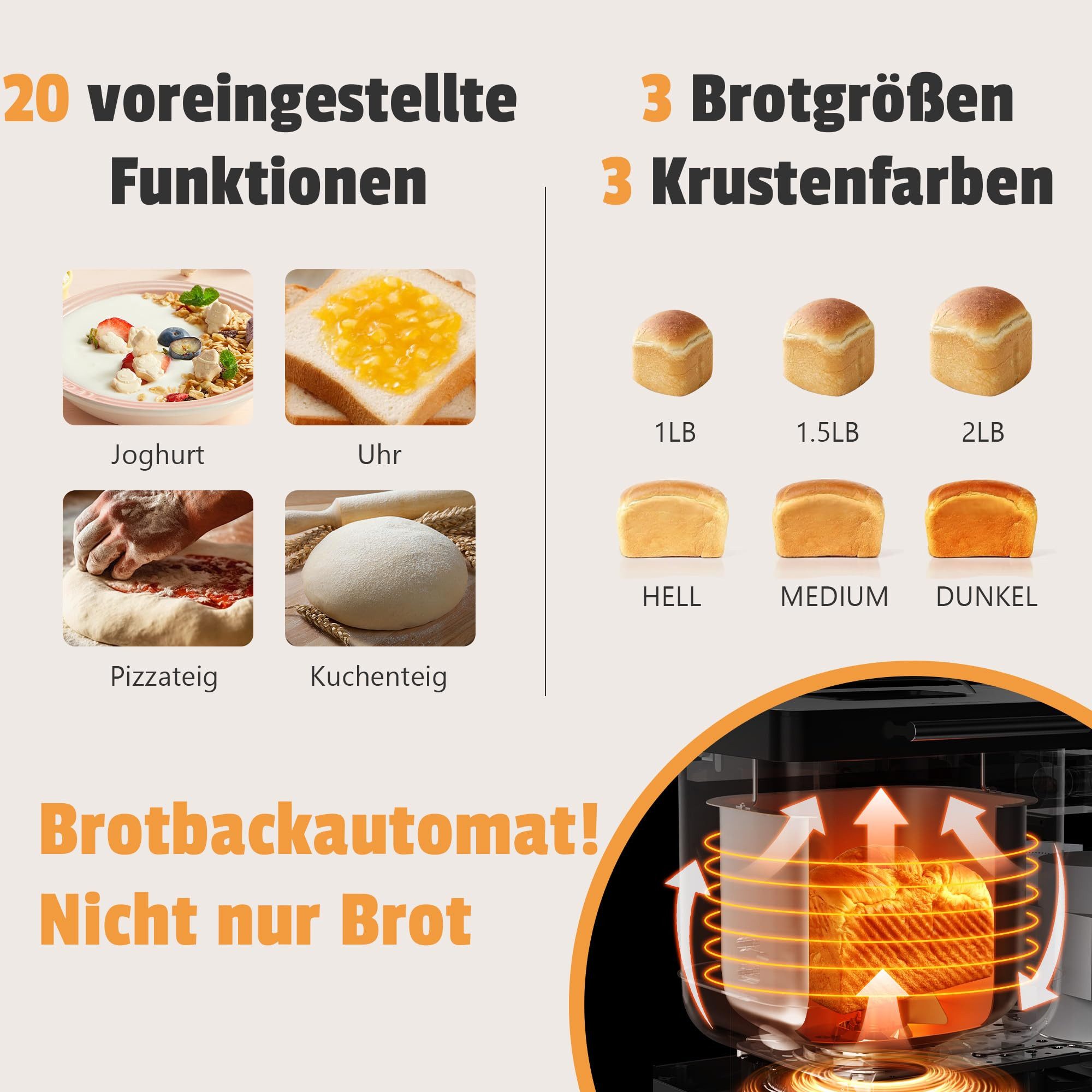 Karinear Brotbackautomat ohne Loch im Brot 20 Programme 15-Std.-Timer, 20 Programme, 3 Laibgrößen & Bräunungsstufen, 2LB Brotbackautomat