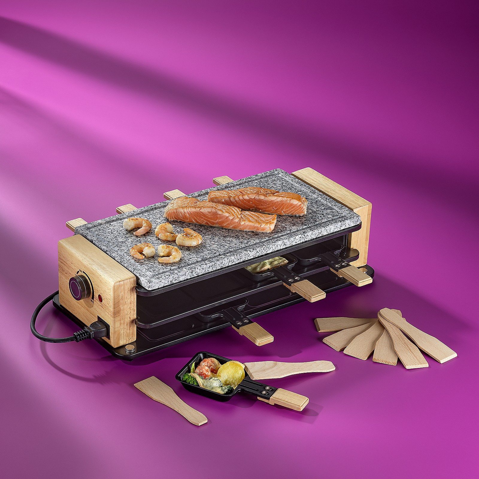 kela Raclette Bedretto, 300 W, Holzwände, Granitstein, inkl. Raclettepfännchen und Racletteschieber