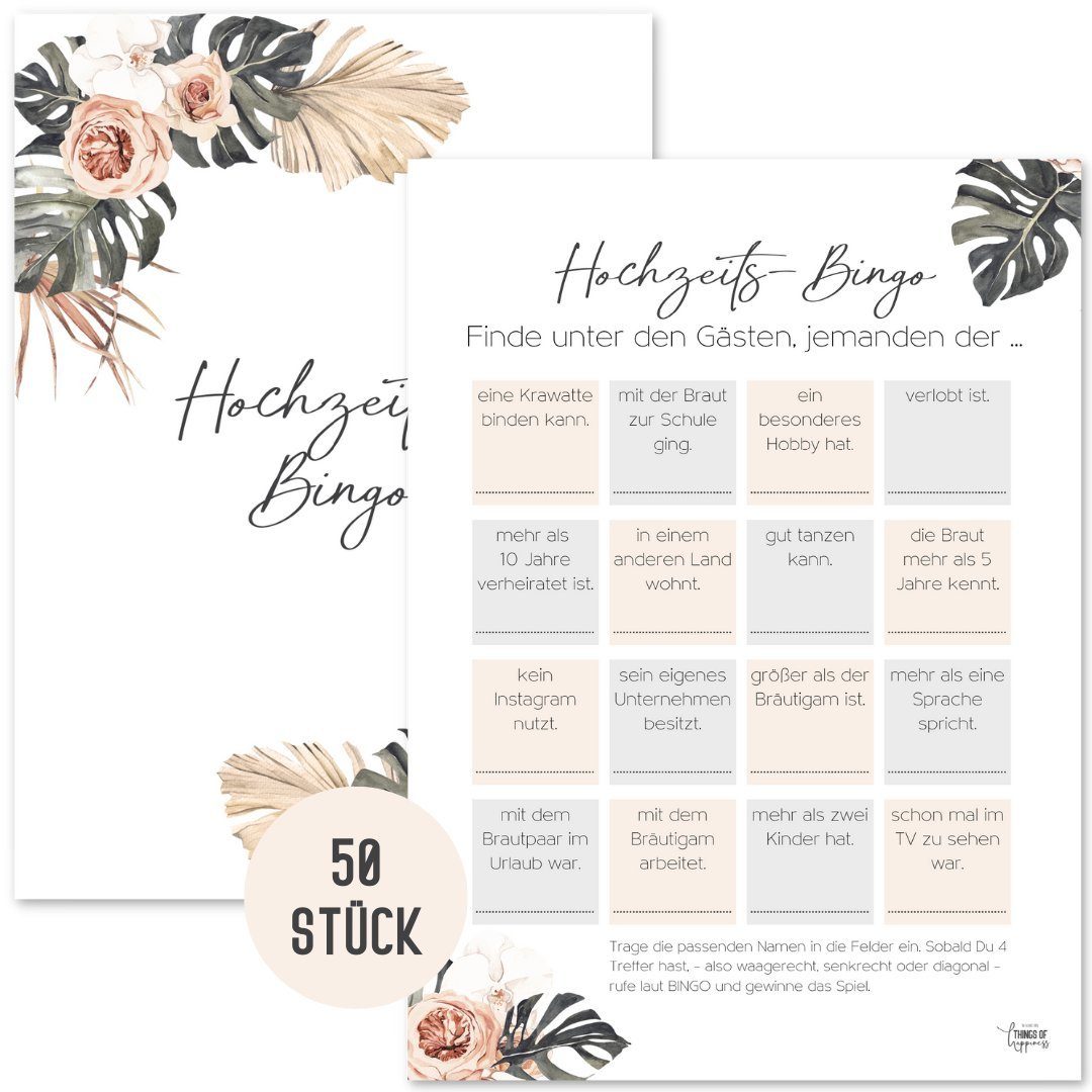 Things of Happiness Spiel Hochzeitsspiel Bingo, Hochzeitsbingo, Spiel Gäste Hochzeit, Kennenlernspiel Hochzeit, 50 Karten