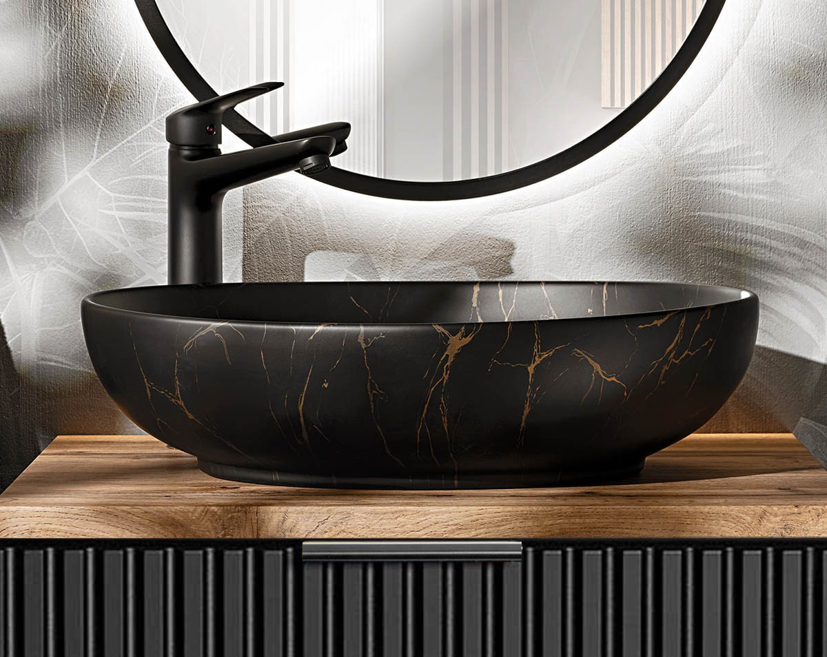 Thumbnail - einfachgutemoebel Waschtisch-Set Badezimmer Waschplatz Blackened 60cm, Becken marmoriert, schwarz oak, (Badmöbel Set, 1-...