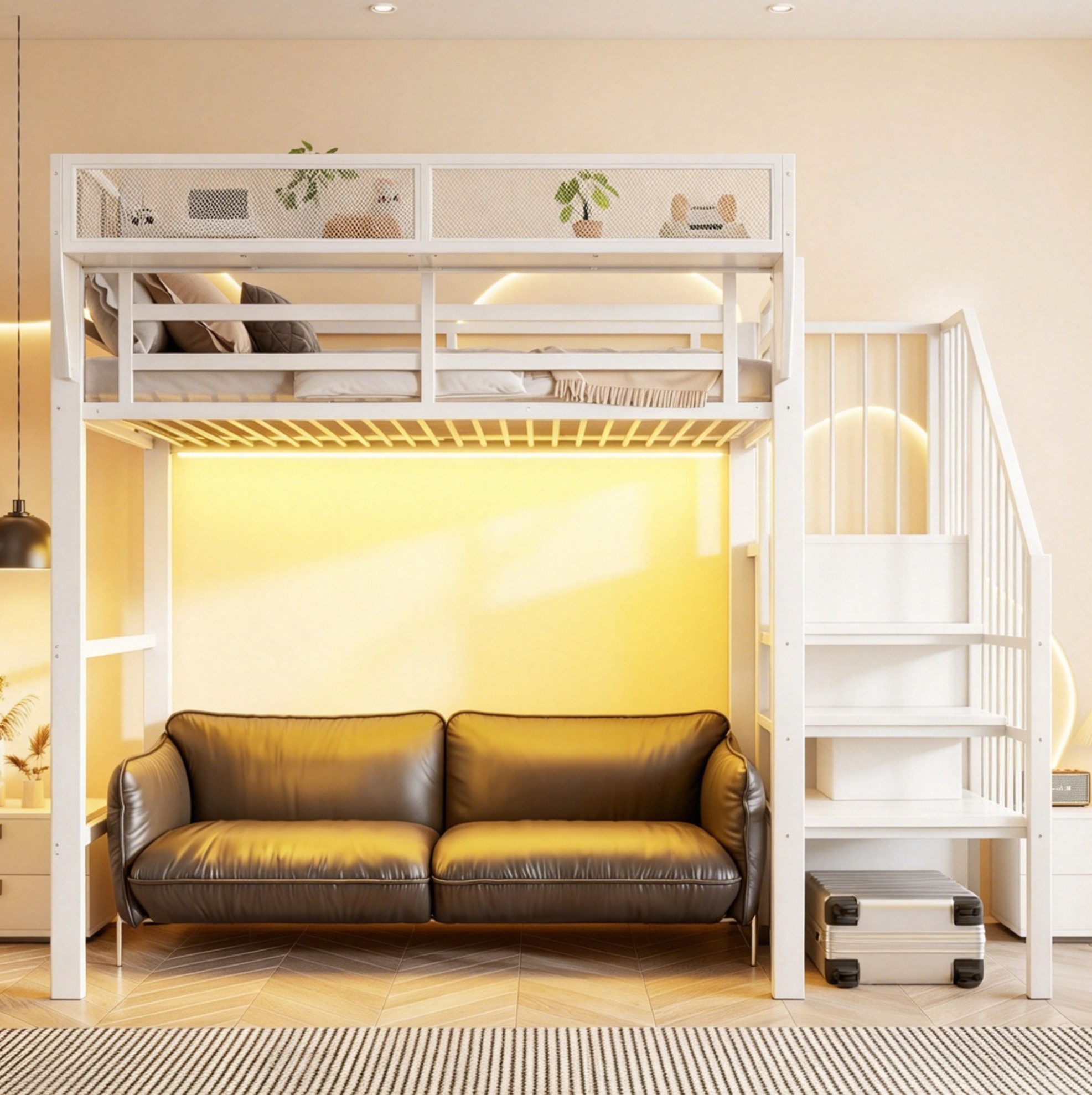 MODFU Hochbett mit variablem Staufach und Sicherheitsleiter, Metallbett (Kinderbett 90x200 cm für Kinderzimmer, Studentenwohnheim und kleine Räume, Jugendbett) ohne Matratze
