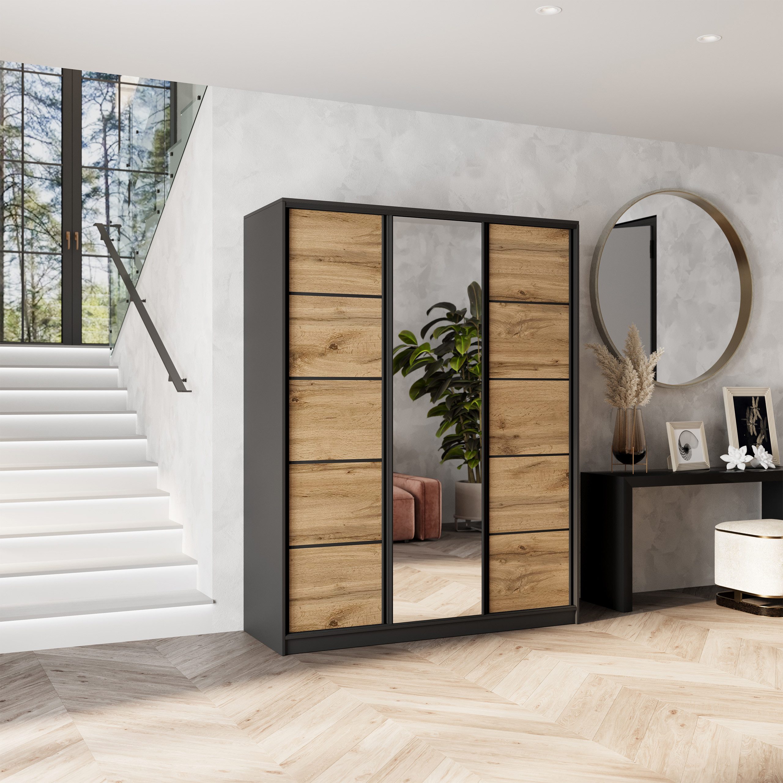 Masseno Schwebetürenschrank NATA Kleiderschrank mit Spiegel und Schubladen günstig online kaufen