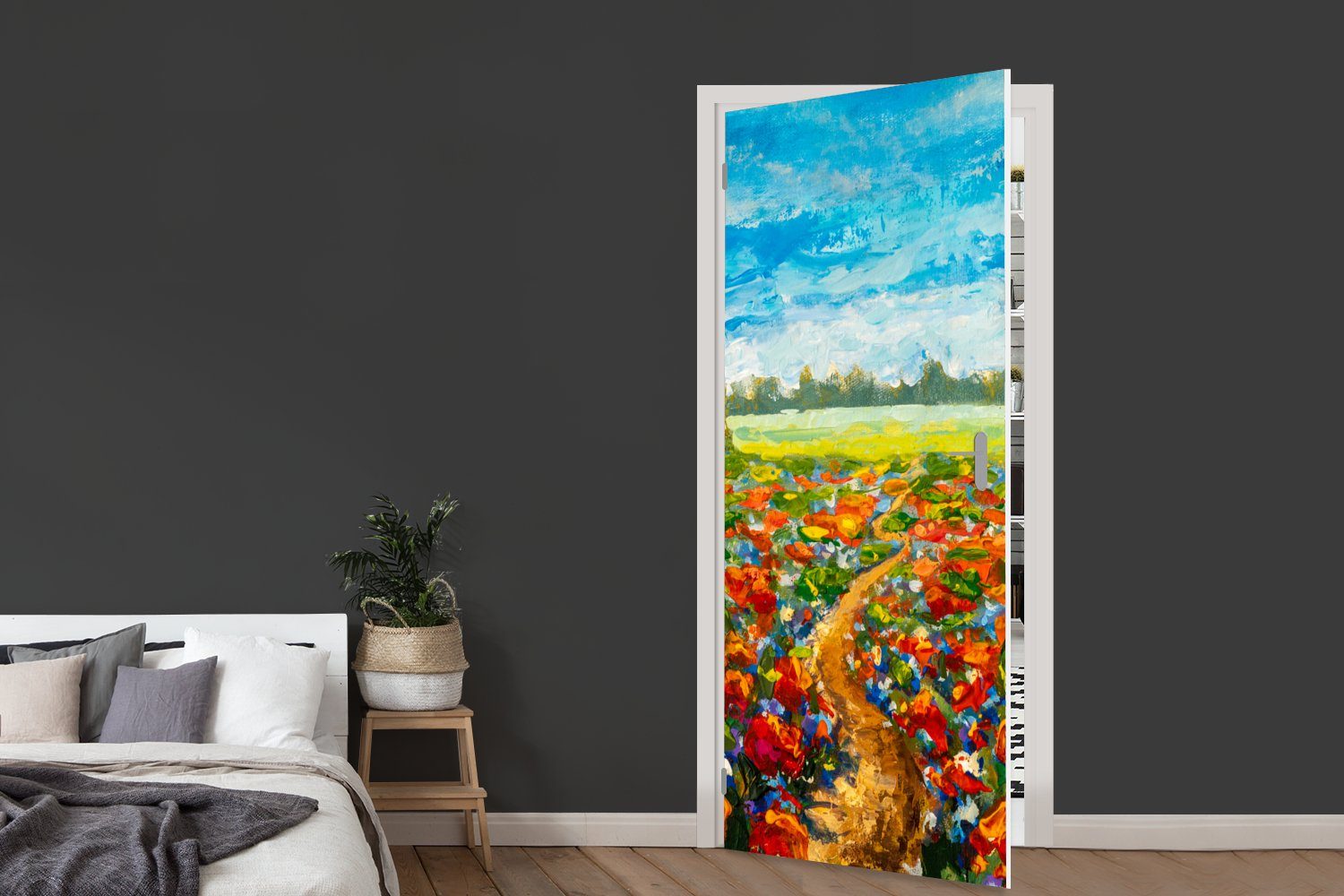 75x205 St), MuchoWow Malerei für - Ölfarbe Matt, (1 - Tür, Türtapete Blumen Fototapete bedruckt, Türaufkleber, - cm Natur,