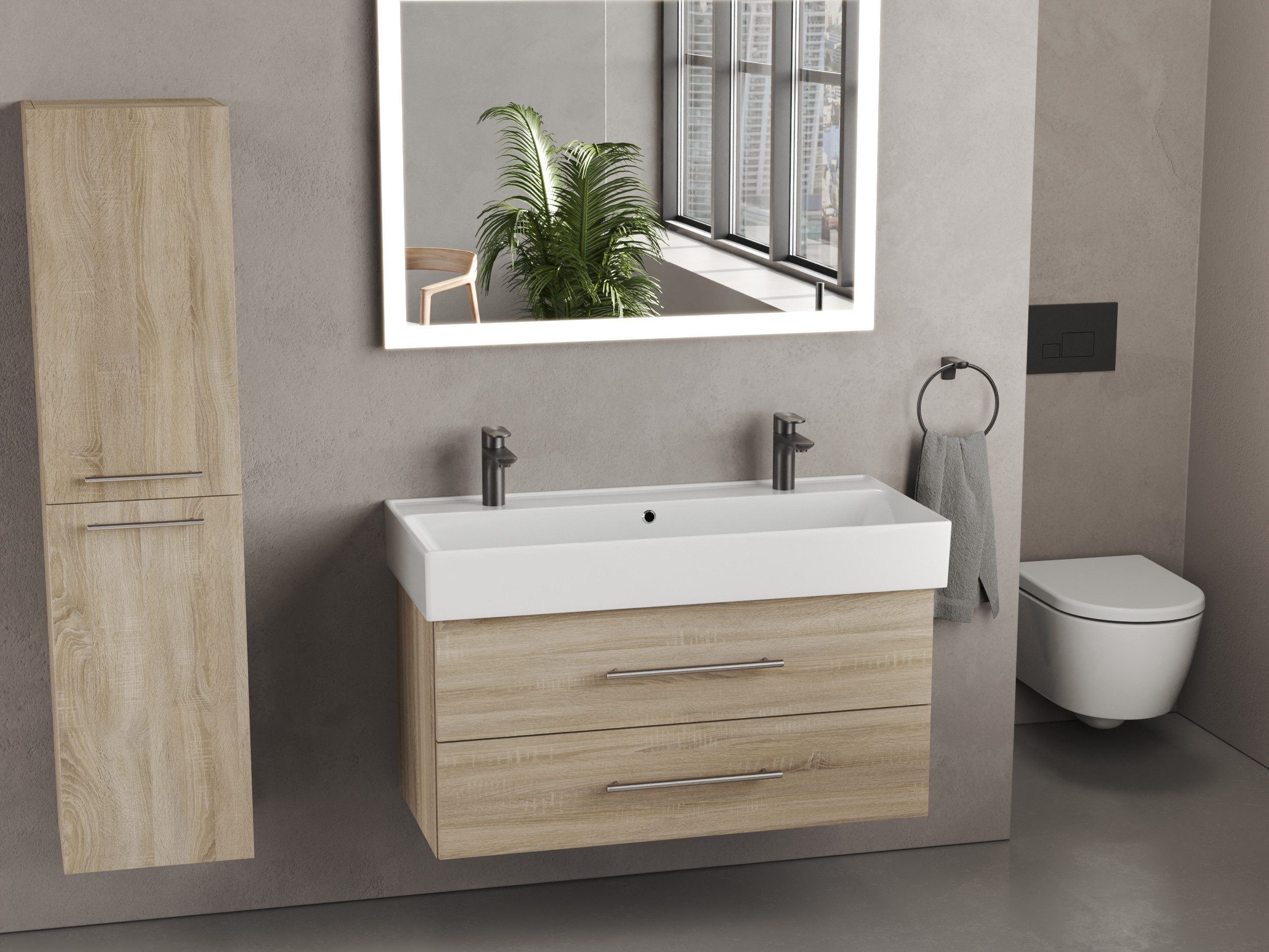 Aqua Bagno Badmöbel-Set Aqua Bagno Flex Badmöbel 101 cm Eiche Gold mit Keramikwaschbecken, (vormontiert, 2-St., Badmöbelschrank lackiert, Trägerplatte, Keramikwaschbecken), einfache Montage, Skandi