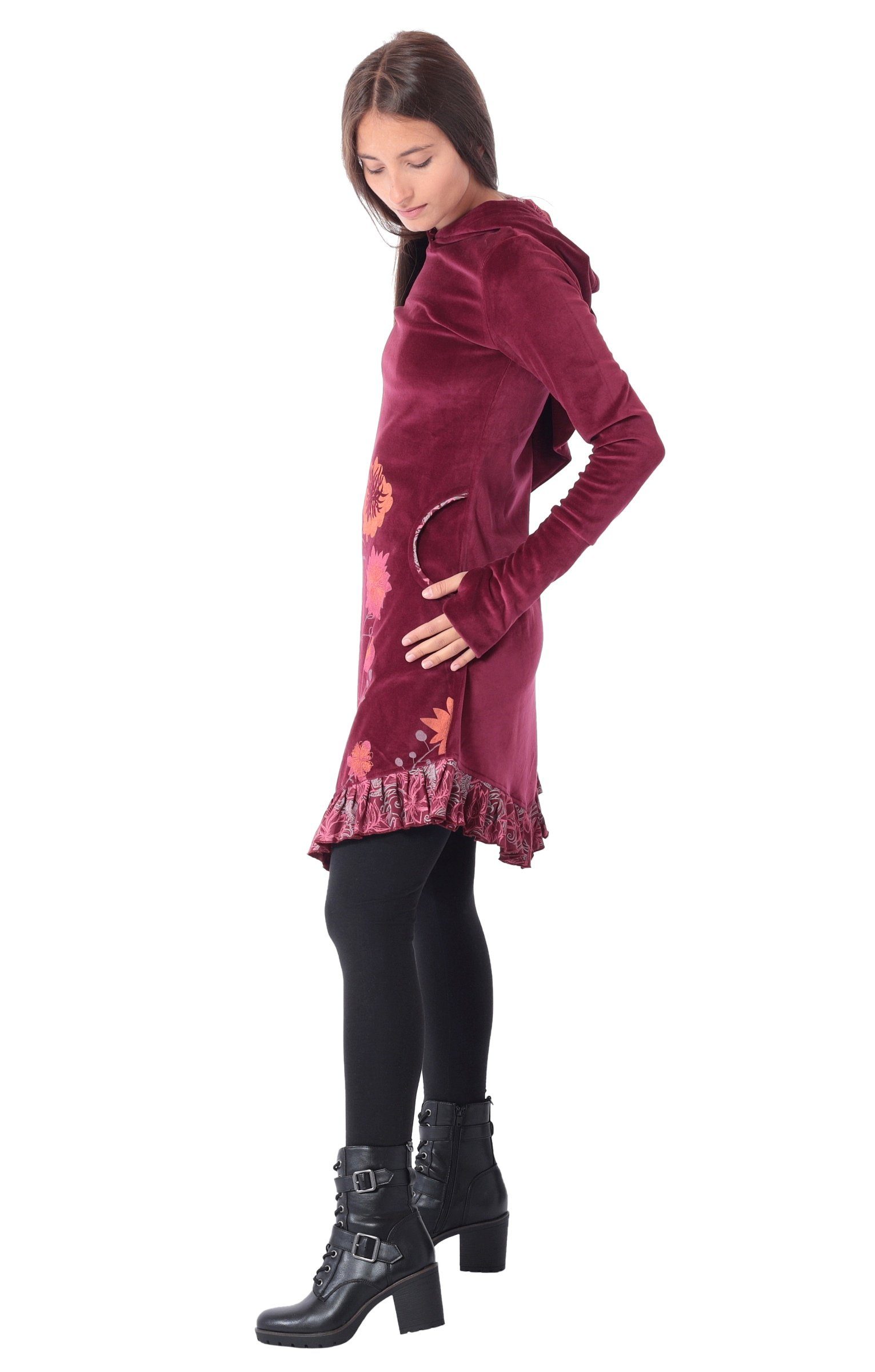 PUREWONDER Samtkleid mit Zipfelkapuze und Blumen Kleid Nr. 15 Rot XL Goa Kl günstig online kaufen