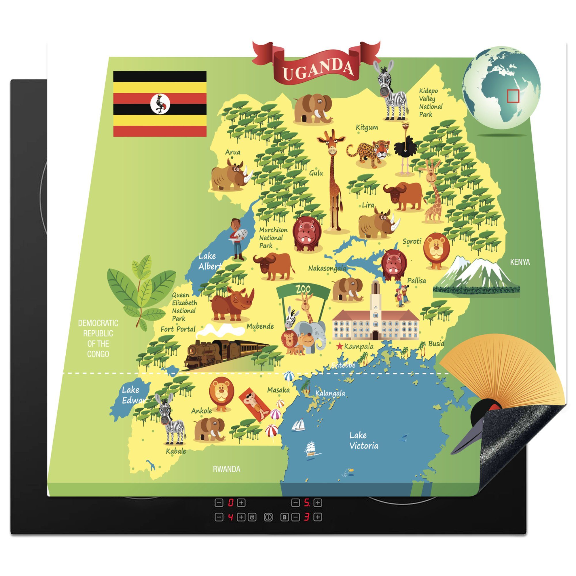 MuchoWow Herdblende-/Abdeckplatte Karte von Uganda mit farbigen Illustrationen, Vinyl, (1 tlg), 60x52 cm, Mobile Arbeitsfläche nutzbar, Ceranfeldabdeckung