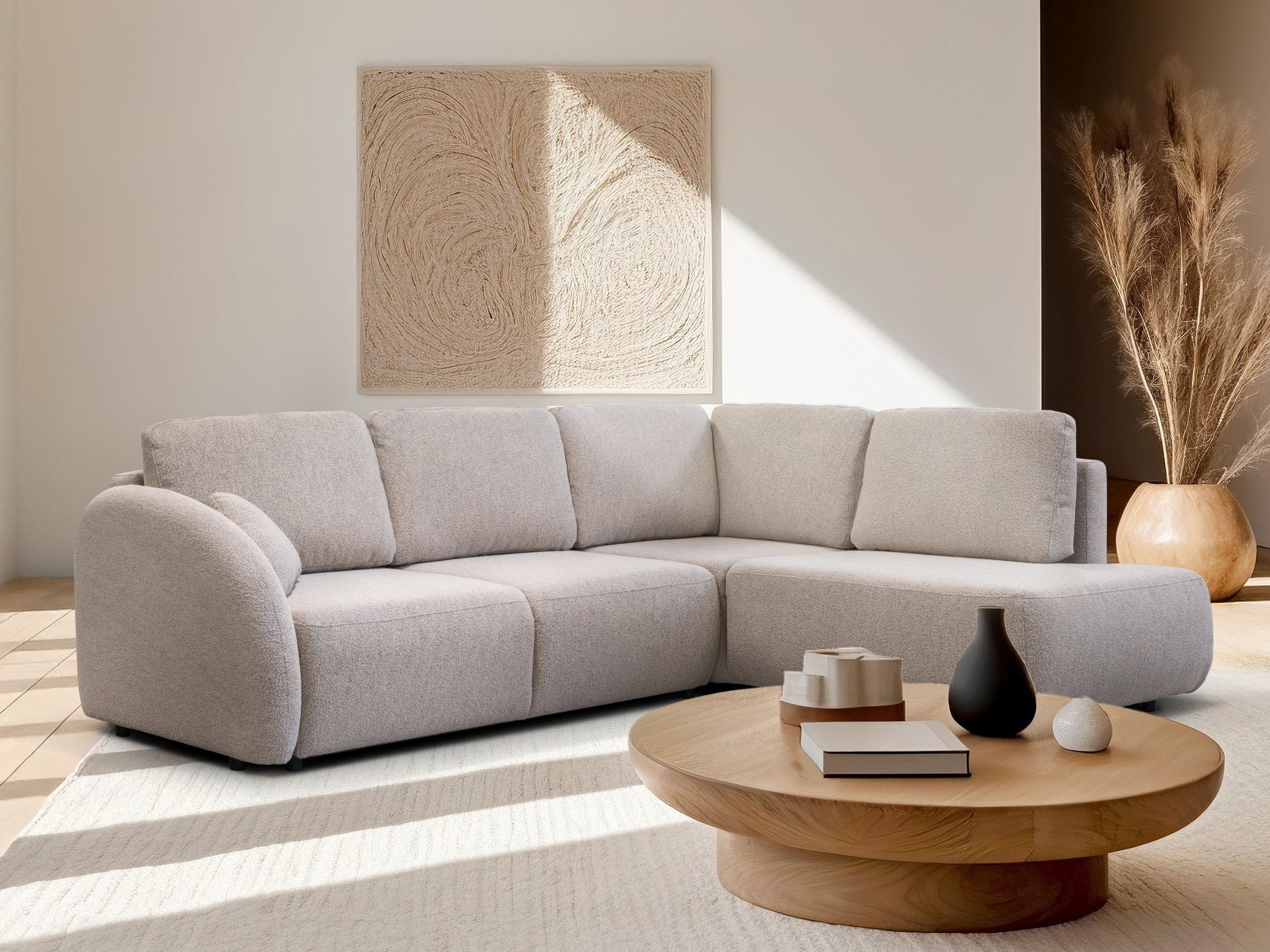 Ecksofa Flavia mit Schlaffunktion und weich gerundeter Form