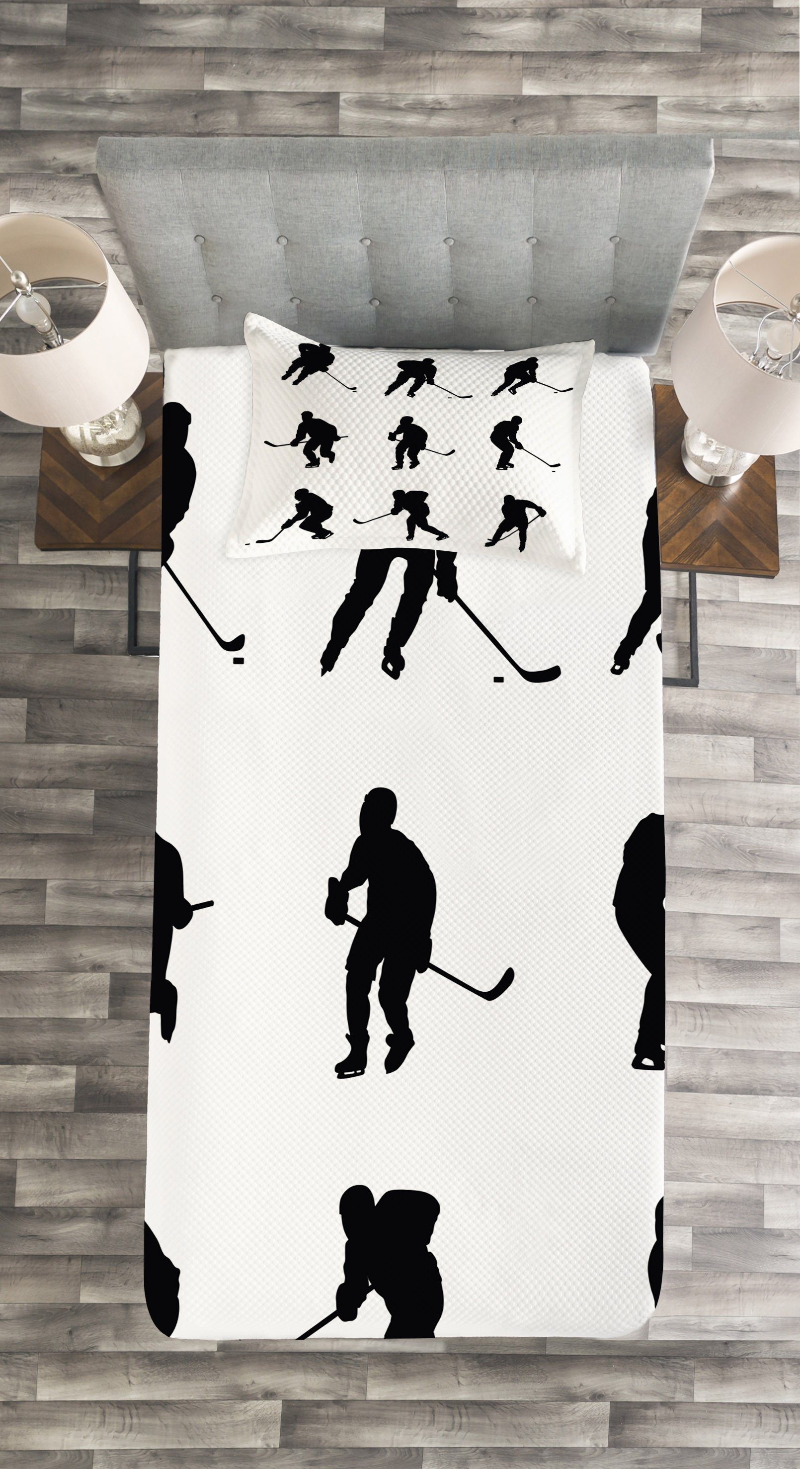 Tagesdecke Set mit Kissenbezügen Waschbar, Silhouetten Schwarz-Spieler Eishockey Abakuhaus