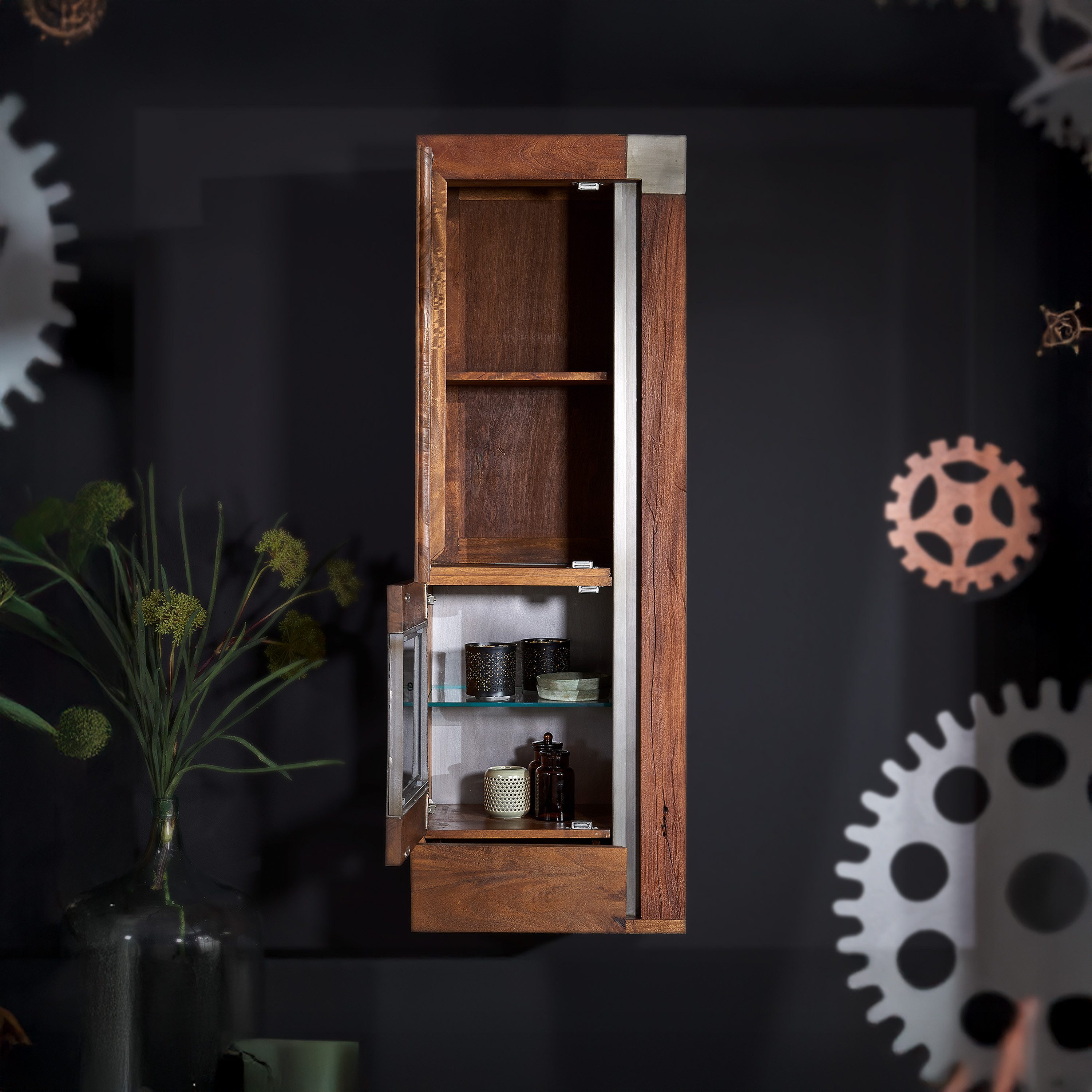 Massivmoebel24 Hängevitrine AMSTERDAM (Hängevitrine Mango 48x35x142 braun lackiert Amsterdam #12) Hängevitrine Mango 48x35x142 braun lackiert Amsterdam #12