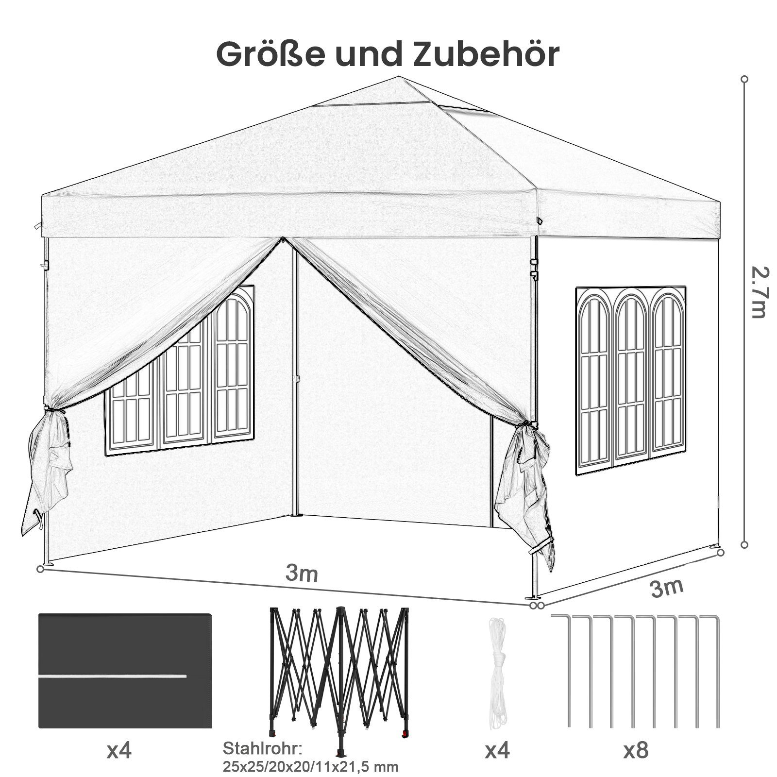 EUGAD Pavillon, mit 4 Seitenteilen, 3x3 m, mit Seitenwänden, höhenverstellbar, UV Schutz, wasserfest
