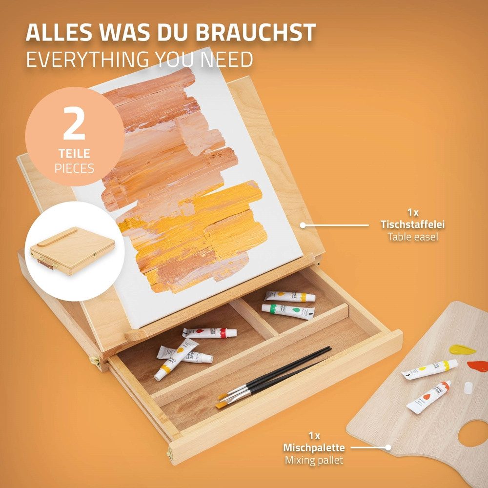 ECD Germany Standstaffelei Tischstaffelei zum Malen für Leinwänden und Keilrahmen, Sitzstaffelei verstellbar aus Holz mit Schublade 33,5x26x6cm
