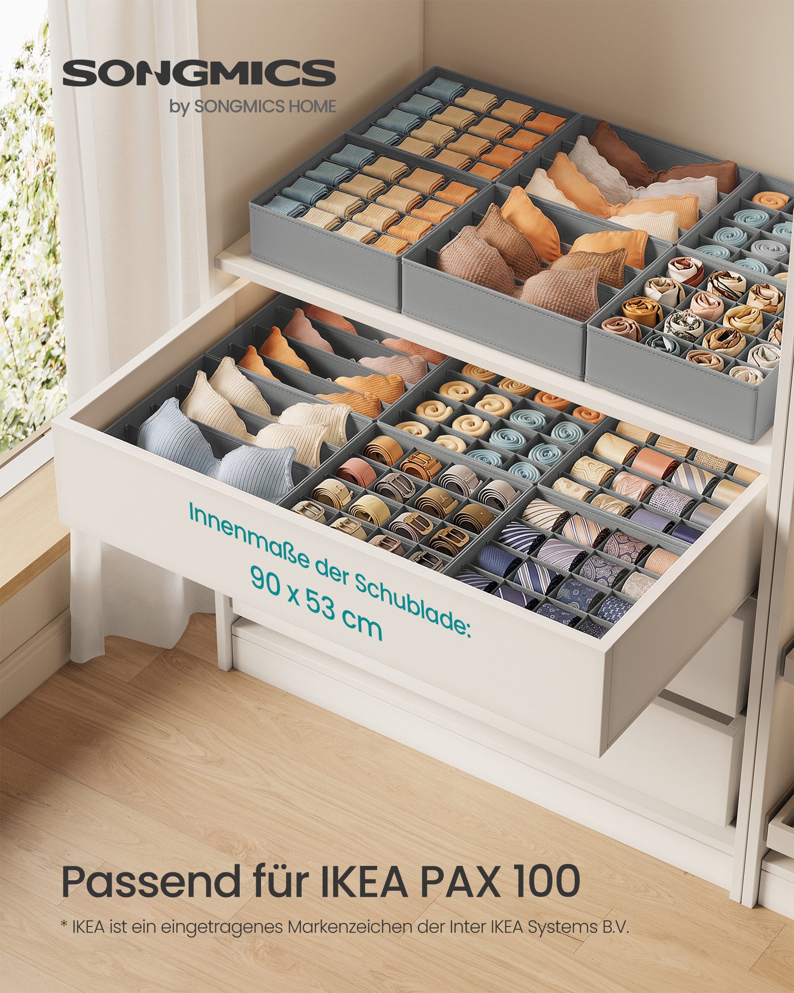 SONGMICS Aufbewahrungsbox Schubladen-Organizer, faltbar, Schrank-Organizer, 28 x 26 x 10 cm / 32 x 26 x 10 cm, und Krawatten, BHs, für Socken – Bild 4 von 5