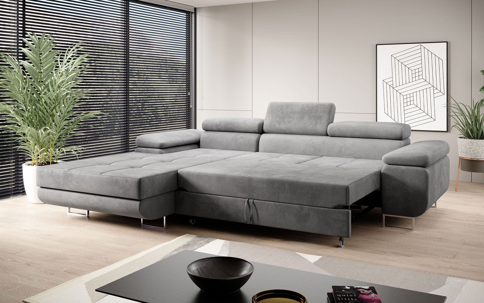 Design Designer und mit Sofa Sofa Klappfunktion, Baidani Hellgrau modernes Schlaf- Calvera