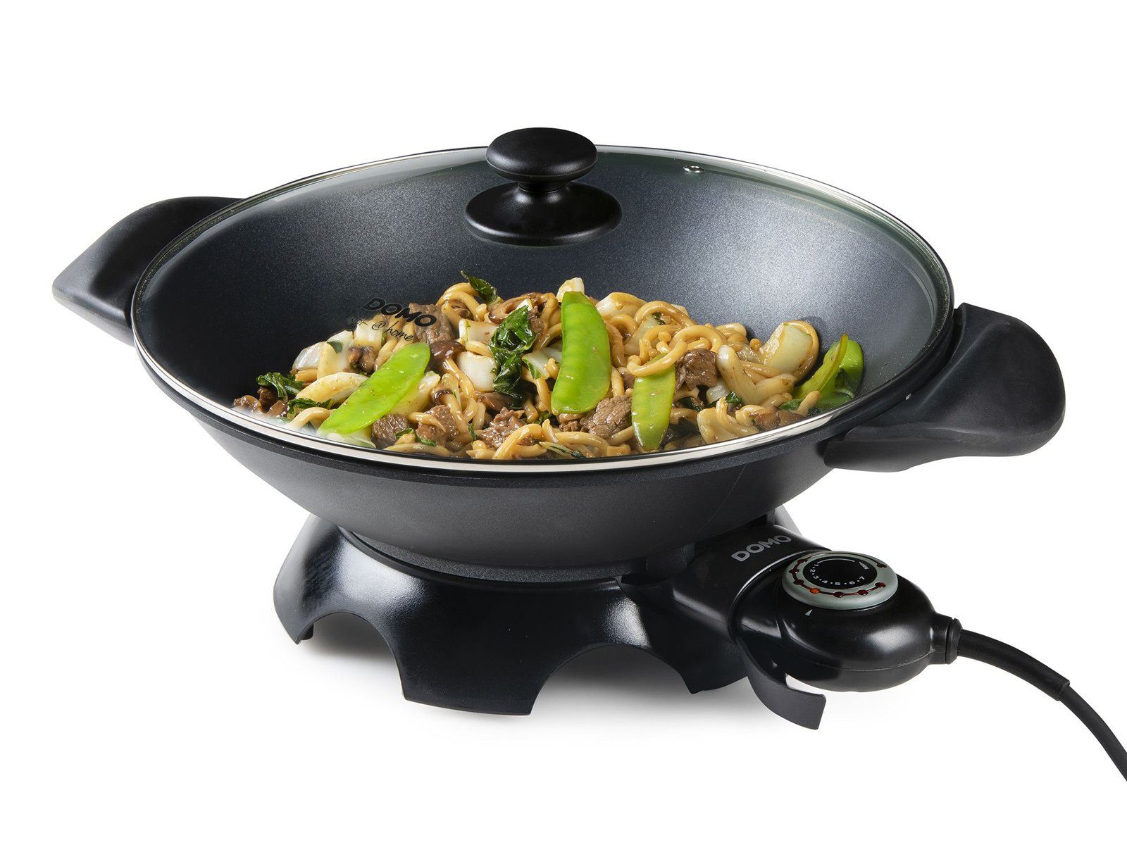 Domo Elektrische Wokpfanne, 2200 W, Deckel Wok Elektro 5Liter Großer mit Ø35,5cm Glas Asia