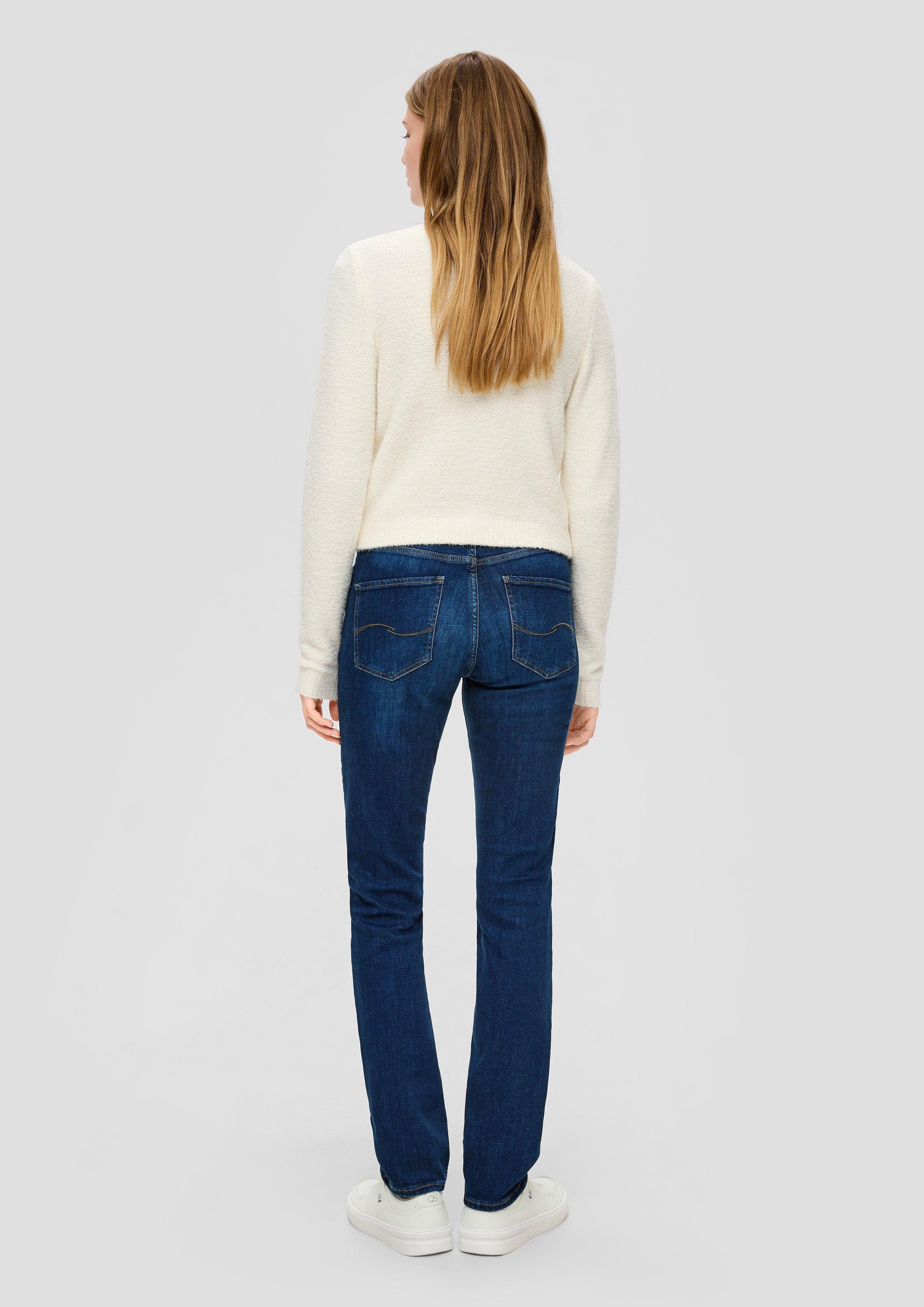 Stoffhose Catie: Waschung, Jeans dunkelblau Leg mit Kontrastnähte, Destroyes, Straight QS Label-Patch