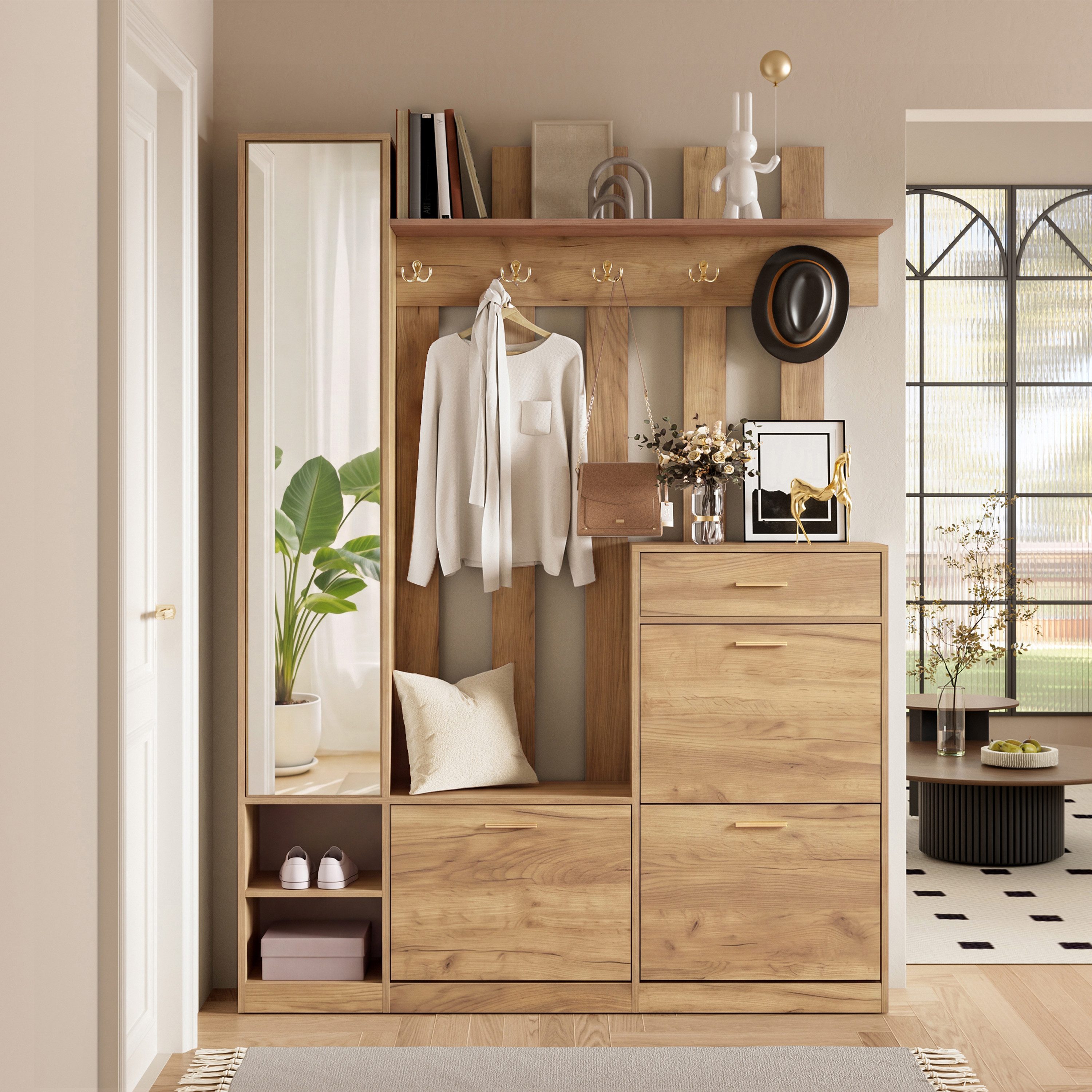 i@home Garderoben-Set Platzsparende Kompaktgarderobe für Diele & Flur, Natur,133x23,5x180 cm, (Set, 1-St), mit Spiegel, 3 Schuhkippern, 1 Schublade & vielen Haken