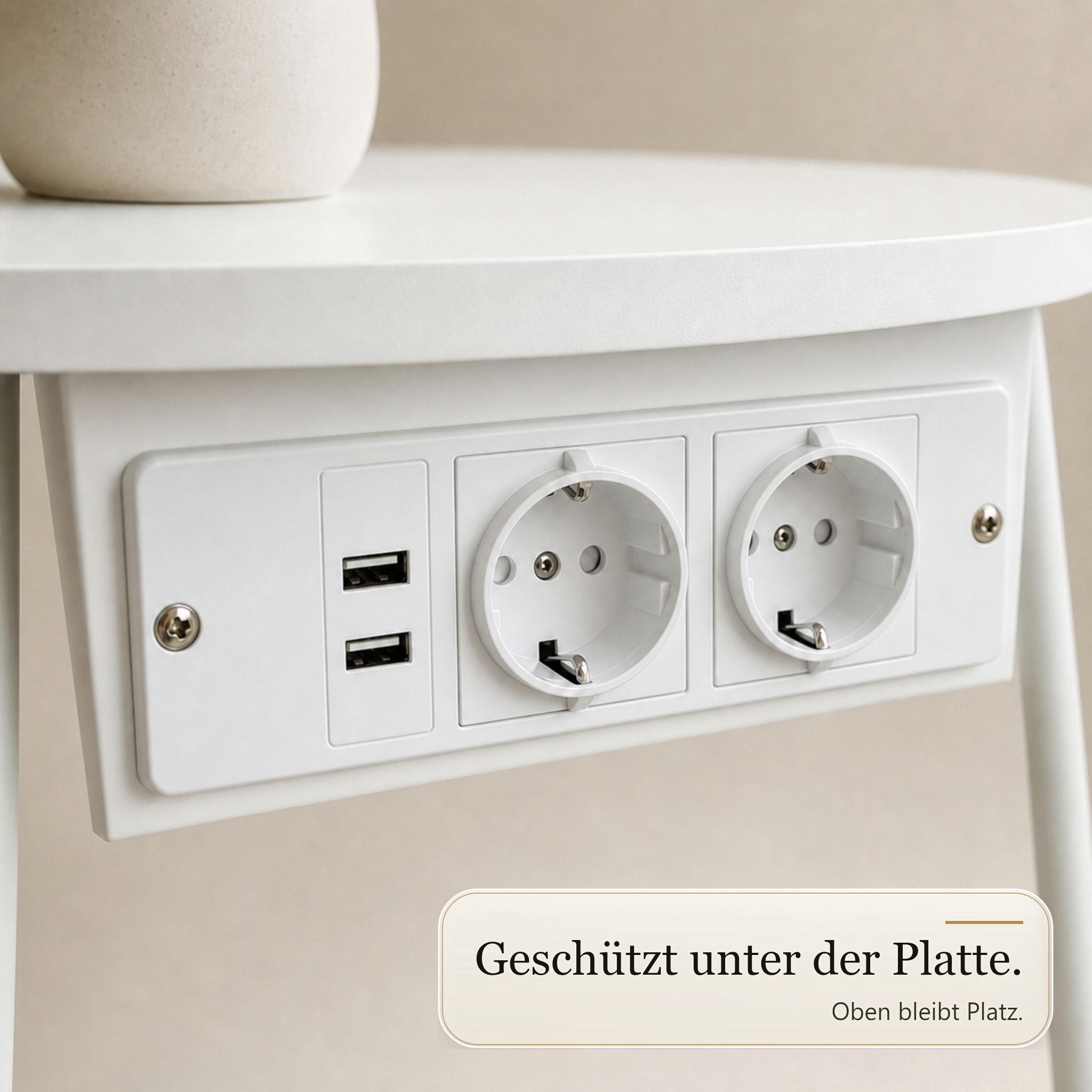 Floordirekt Couchtisch Dario Runder mit 2 Steckdosen A Stauraumkorb 2 USB 4 Farben (Einzelartikel), Integrierte Stromanschlüsse und USB-Ports – Bild 4 von 5
