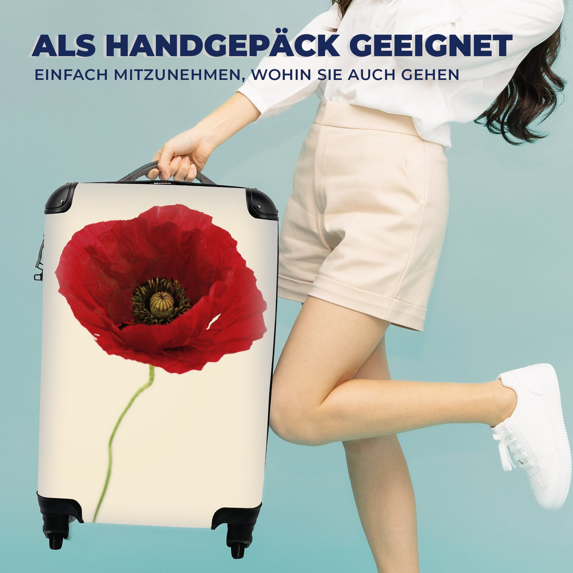 Handgepäckkoffer MuchoWow Reisekoffer Ferien, mit rollen, Handgepäck 4 Nahaufnahme Rollen, Mohnblume, für roten einer Trolley, Reisetasche