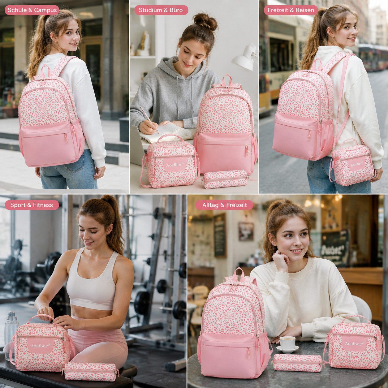 Toomoke Schulrucksack 3-teilig Rucksack Set mit Lunchbag und Federmäppchen, wasserabweisend (Praktisches 3-teiliges Set, für Schule, Arbeit und Freizeit), mit isolierter Lunchbag, geräumigem Rucksack und Federmäppchen