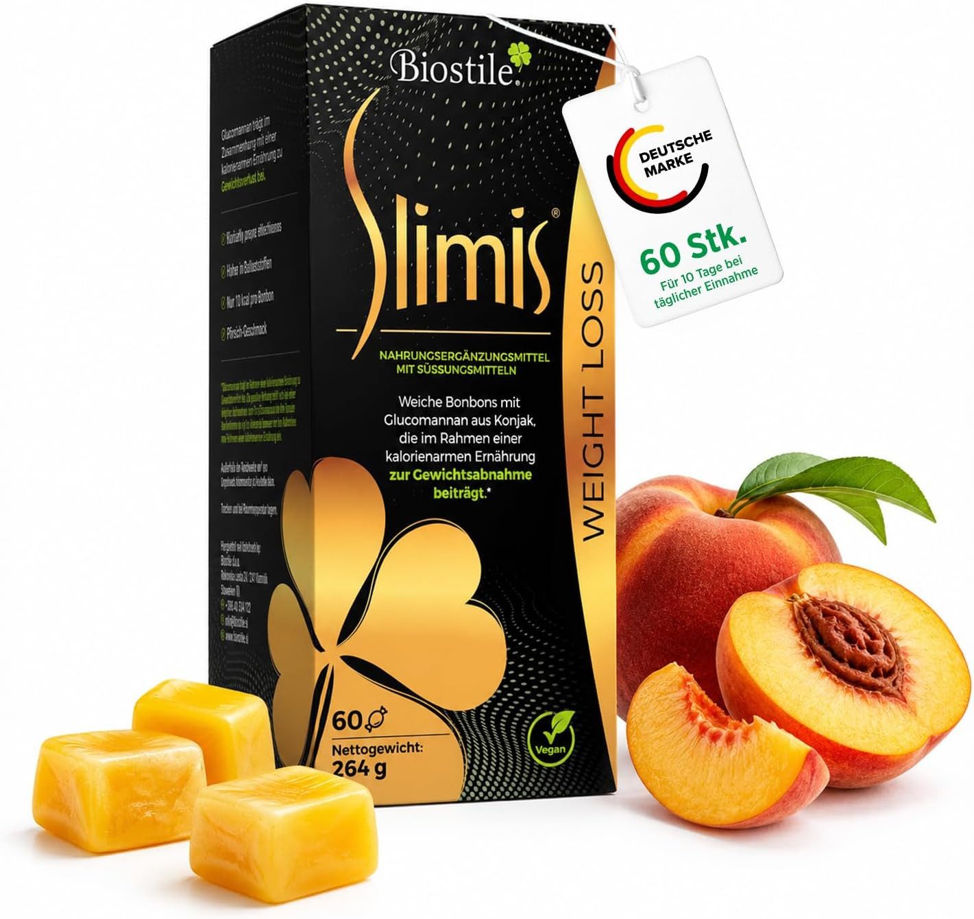 Biostile Glucomannan Soft-Chews für Sättigung und Gewichtskontrolle Bonbons, 264 g, Pfirsichgeschmack, Mit Konjak Glucomannan, 60 Bonbons