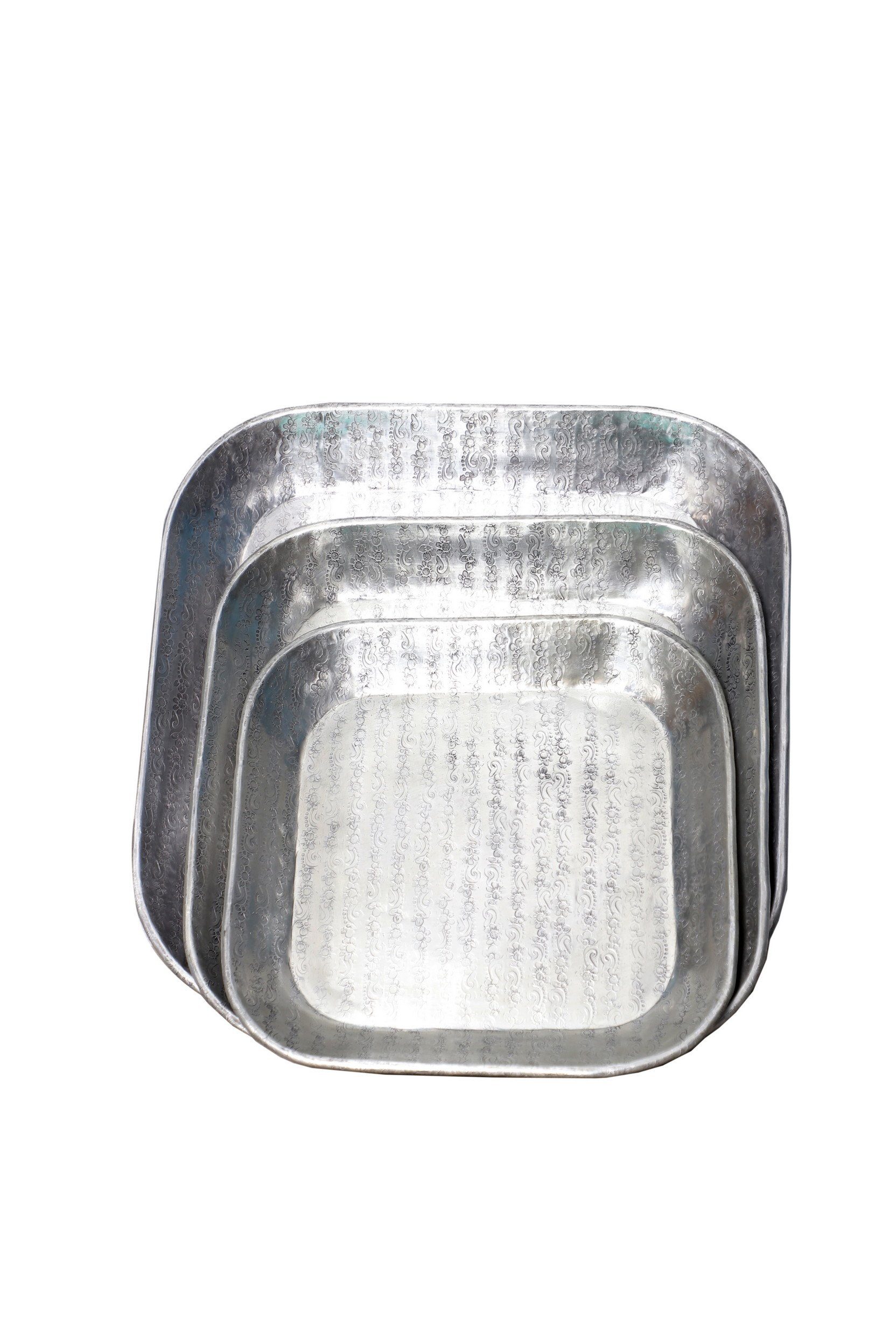 Casa Moro Tablett Orientalisches Aluminium, Tablett Optik, Prisma Serviertablett Hammerschlag Deko Tablett (Set, 3-tlg), Aluminium aus Boho mit Silber Weihnachten