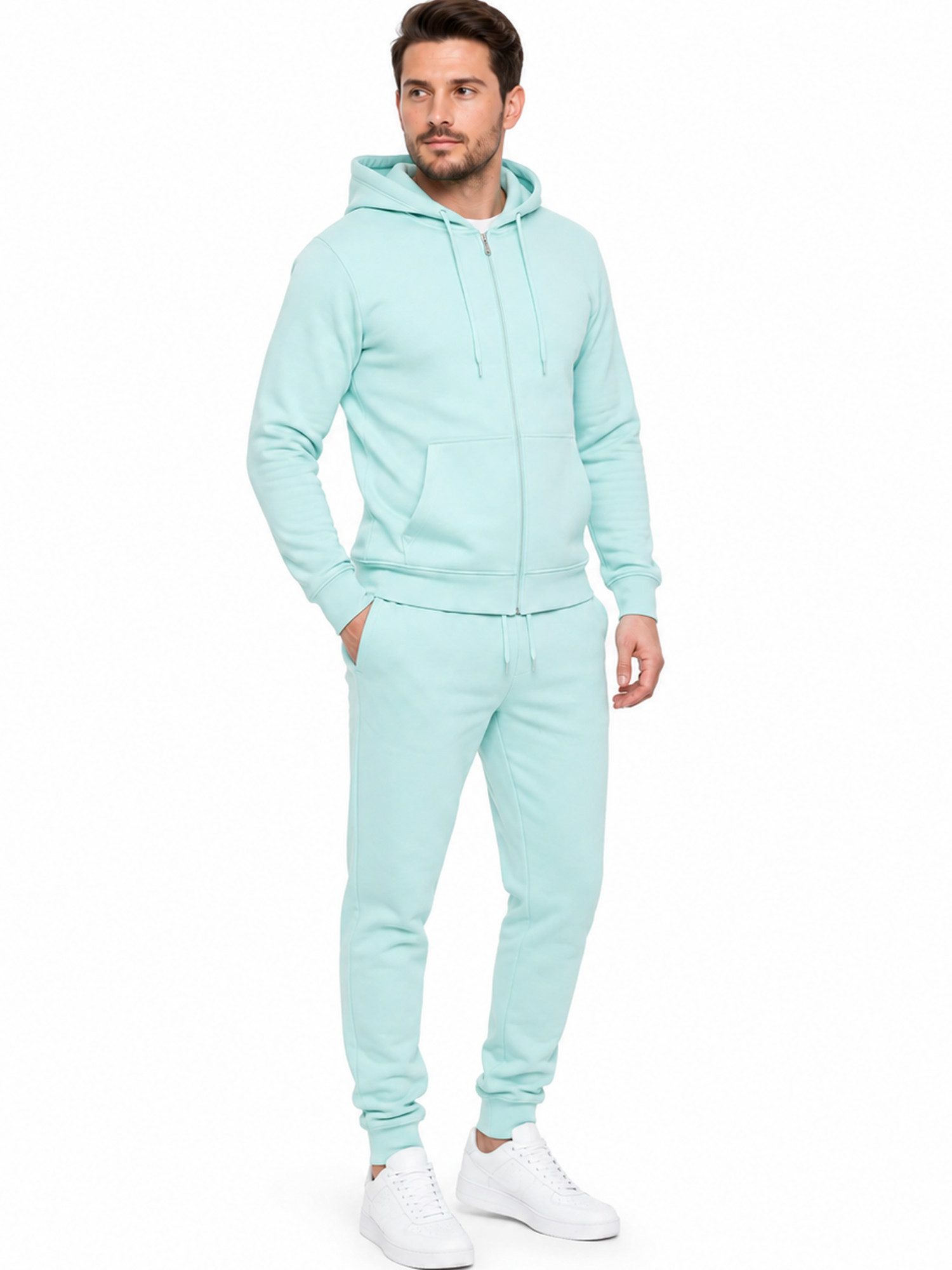 L.gonline Freizeitanzug Herren Jogginganzug einfarbig 100% BW 586 Mint Grün M (Kapuzenjacke mit Reißverschluss, Hose, 2-tlg), Fitness Freizeit Casual