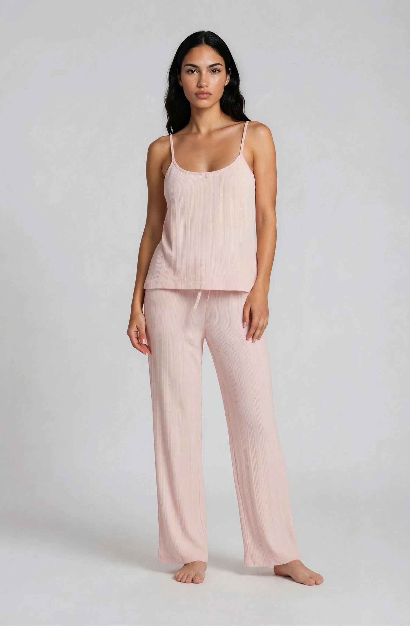 Mademoiselle Sommeil Pyjama Damen Camisole-Schlafanzug aus Pointelle-Strick in zartem Rosé 100% Baumwolle, lange Hose mit Taschen, gefertigt in Polen