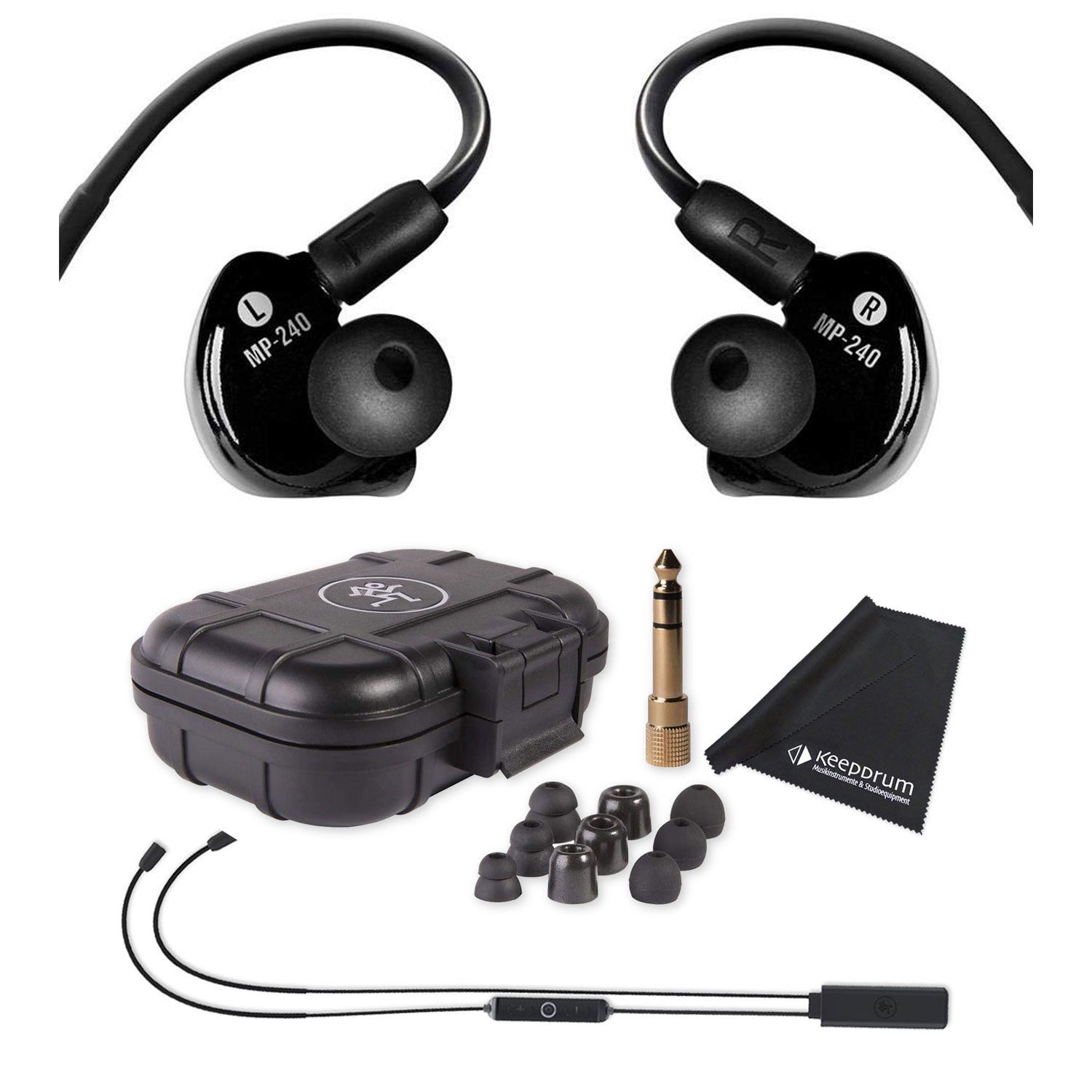 MACKIE Mackie In-Ear Kopfhörer MP-240 mit Bluetooth-Adapter und Tuch In-Ear-Kopfhörer (In-Ear Kopfhörer, schwarz, Vorteils-Set mit Bluetooth-Adapter und Tuch)