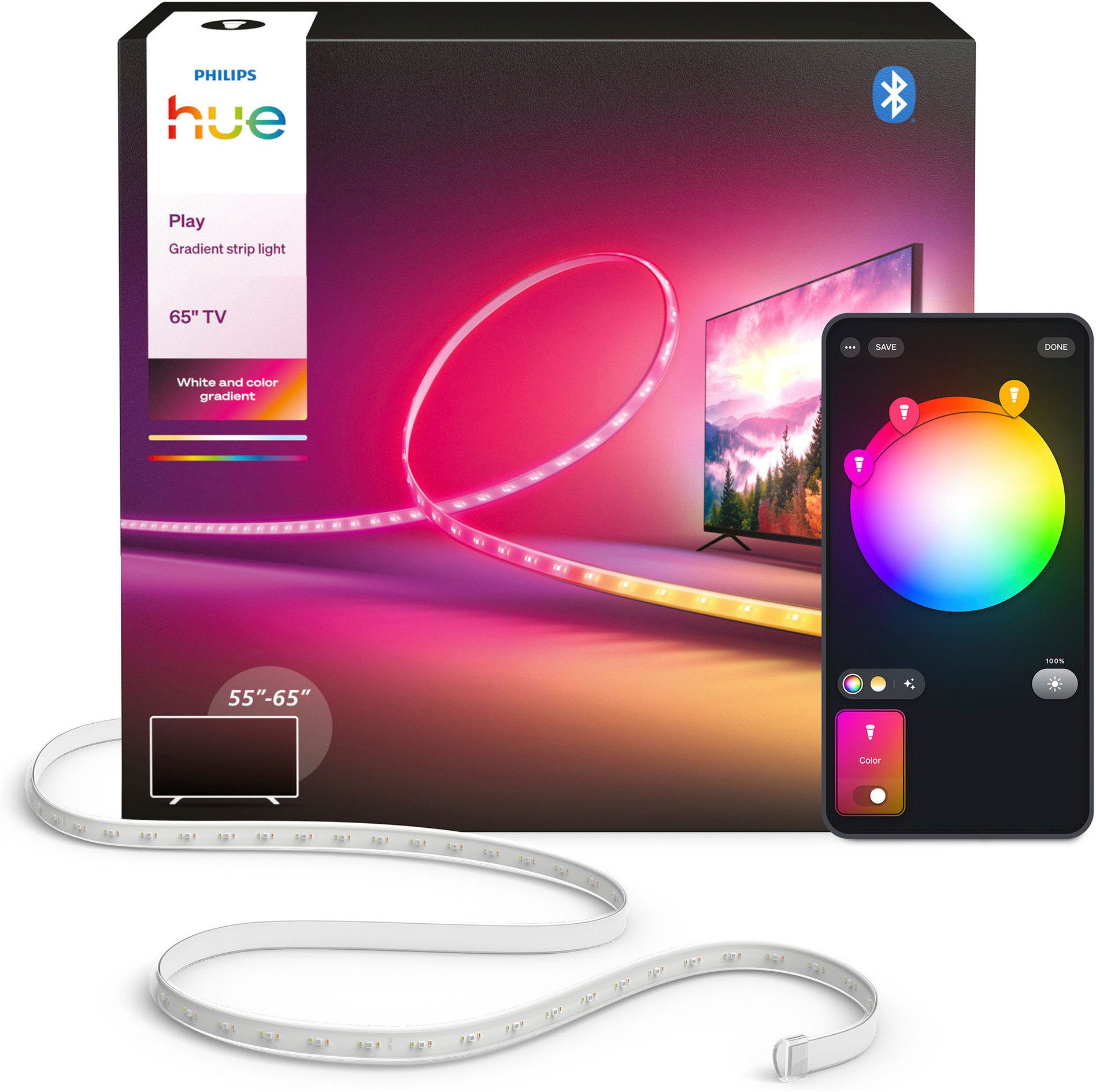 Philips Hue LED-Streifen Play Gradient Lightstrip wahlweise für 65 u. 85 Zoll TV, Zuschneidbar, RGBWWIC, präzise Farben, TV-Synchronisation