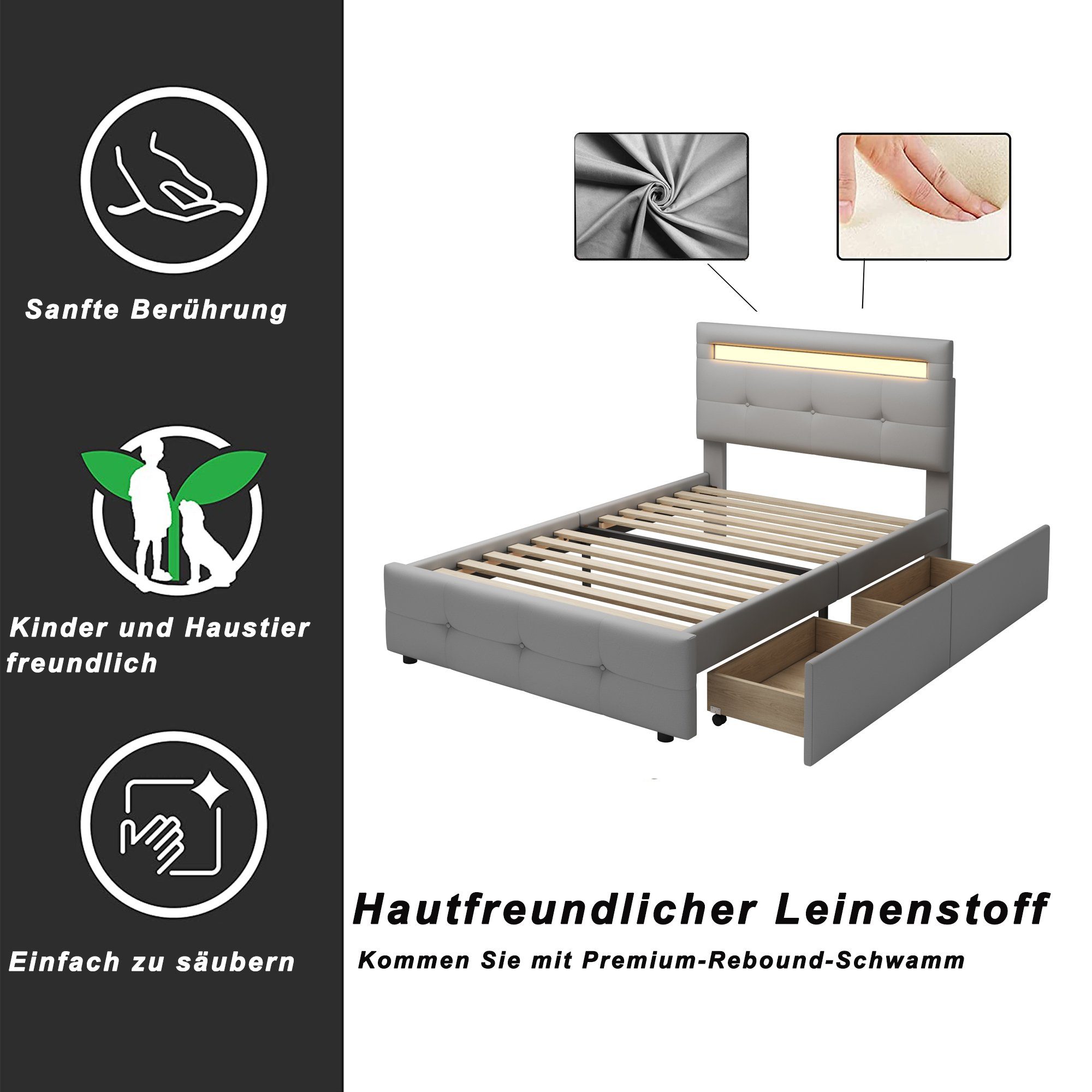 Polsterbett (Einzelbett mit Lattenrost und 2 Schubladen), LED-Beleuchtung, Höhenverstellbares Kopfteil, Leinen, 90x200cm