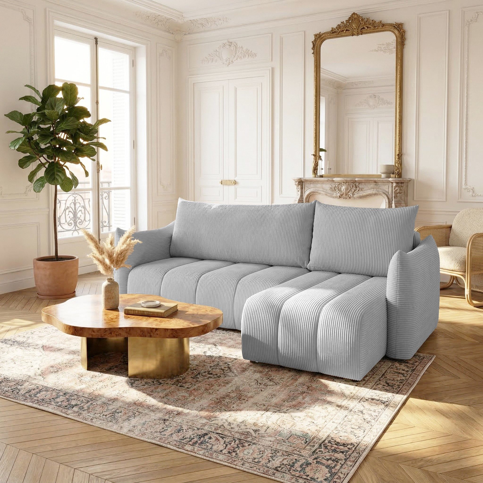Fun Möbel Ecksofa Schlafsofa ONTARIO XS mit Ottomane in Cordstoff Poso, Rücken echt bezogen, mit Bettkasten und Liegefunktion