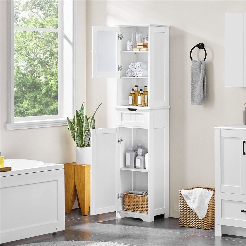 Yaheetech Hochschrank mit Glastür & Schublade & Schrank 40 x 30 x 170 cm Badezimmerschrank Küchenschrank, 2 Einlegeböden höhenverstellbar – Bild 2 von 5