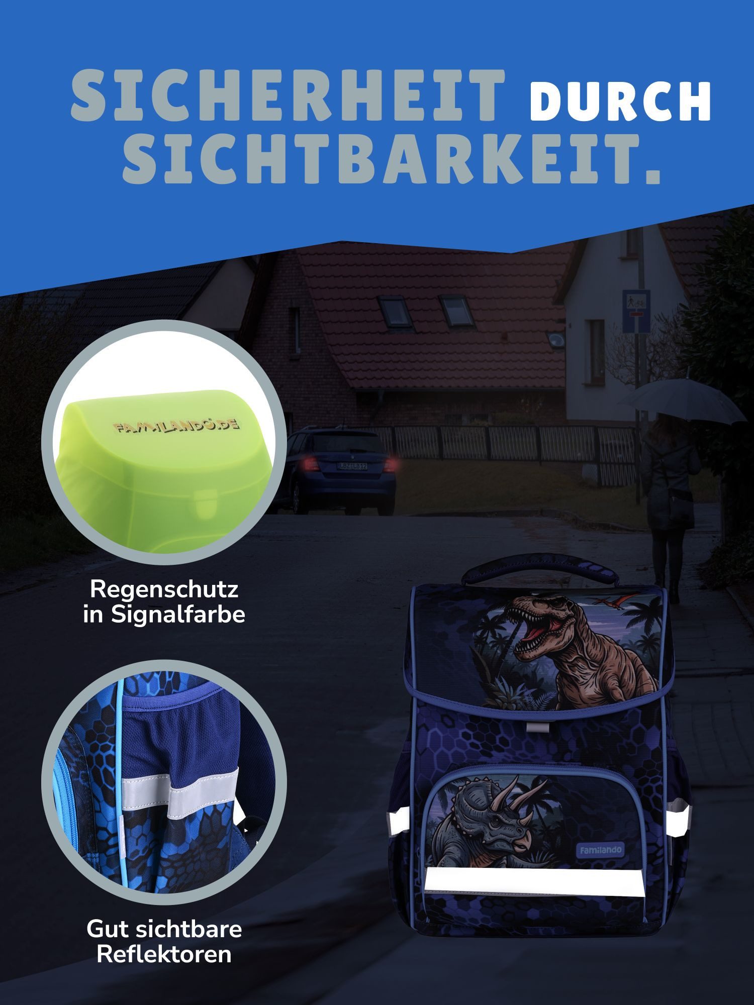 Familando Schulranzen Basic Plus 1.-4. Klasse ergonomisch, leicht, Volumen 15 Liter (Set, 6-tlg., inkl. Federmäppchen und Sporttasche), Dino T-Rex Dinosaurier Motiv