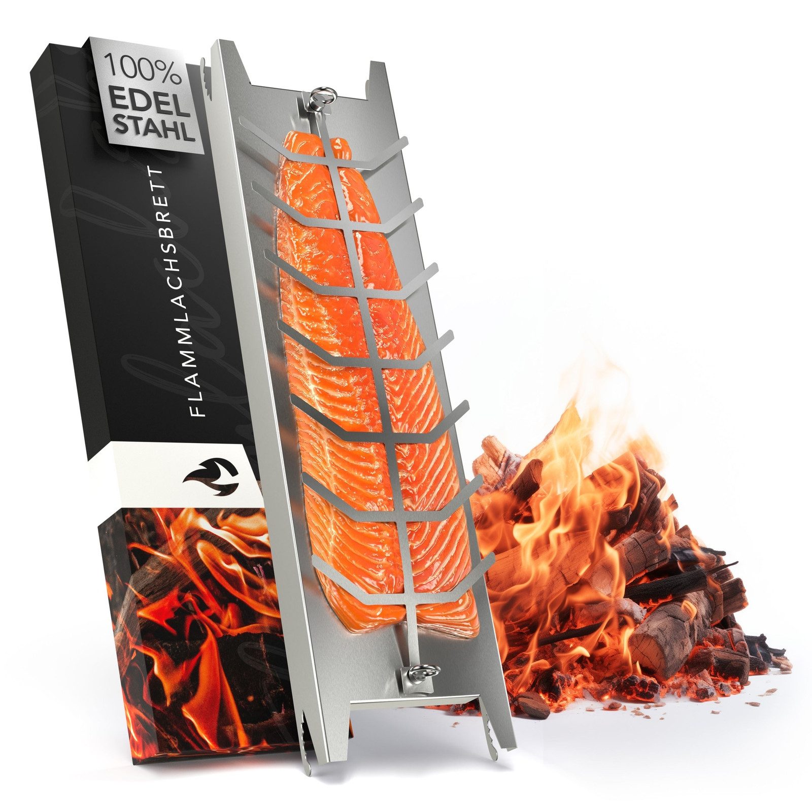 FANNOU Grillguthalter Flammlachsbrett Edelstahl 1er Set – für Feuerschale & Grill, (1-St), Flammlachshalter 52cm, 180 Grad drehbar, spülmaschinenfest
